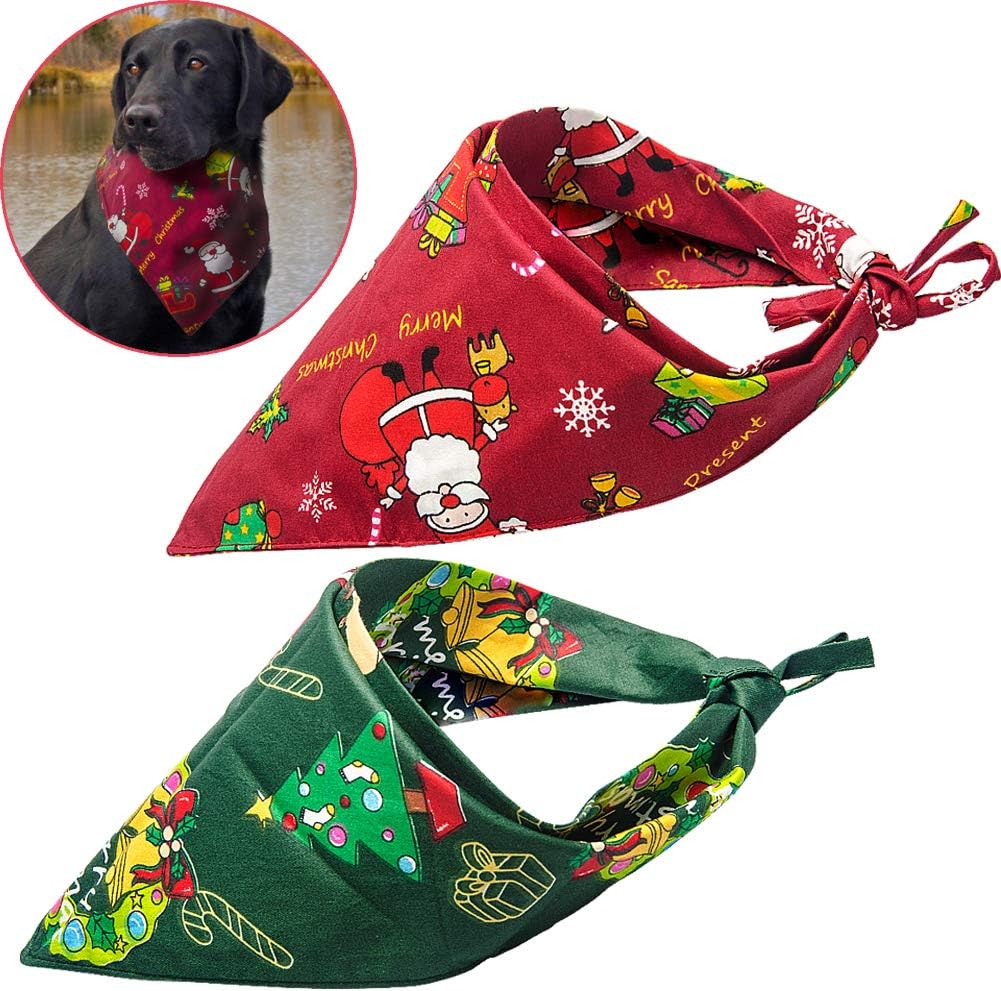 heartybay Christmas Dog Bandana, Reversible Triangle Bibs Scarf Accessories for Large Dogs Cats Pets Animals 2 Pack(Lengthen Version)