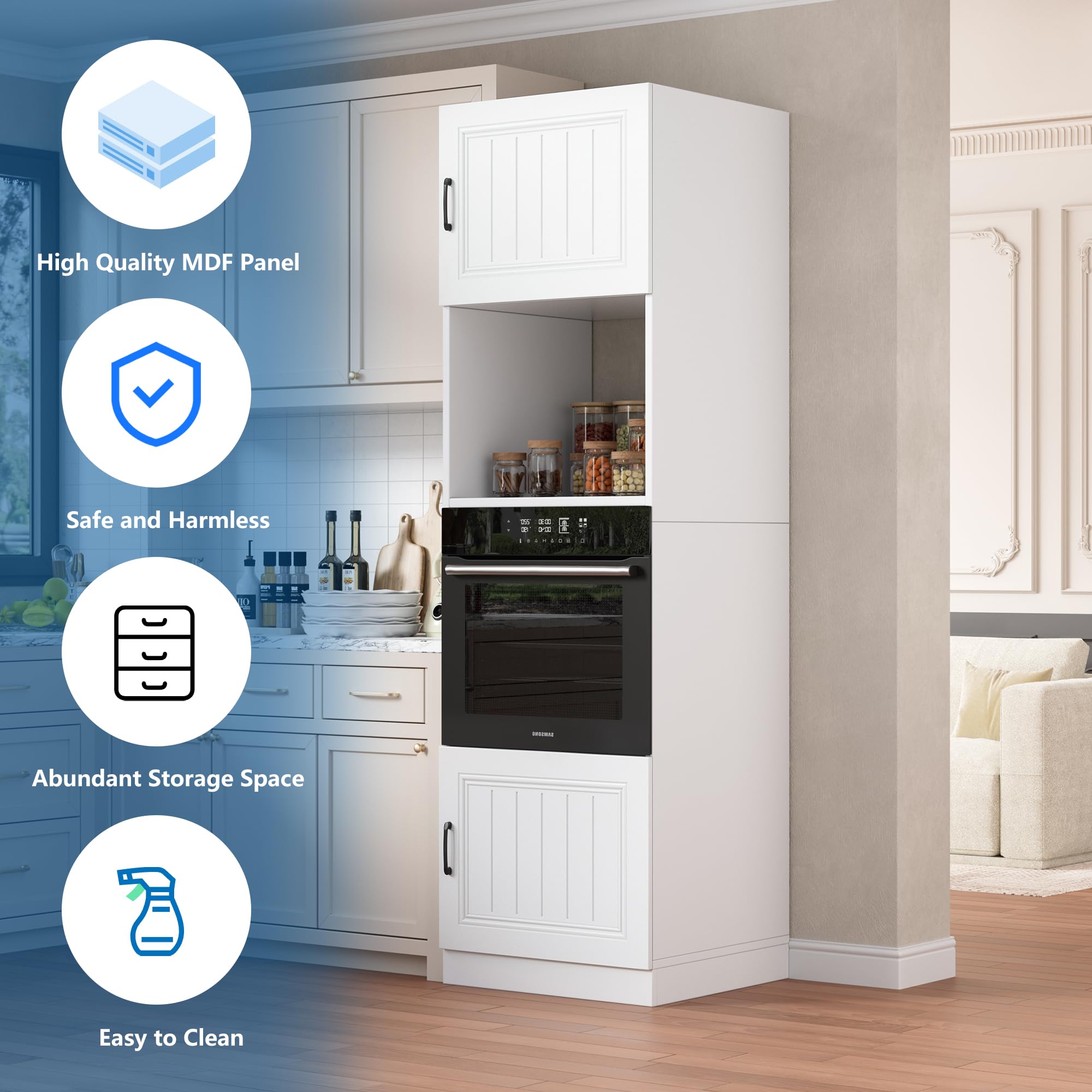 MSFE Armario de Cocina Alto para Microondas y Horno,Armario para Microondas con Mucho Espacio de Almacenamiento 60 * 57.2 * 207 cm,Muebles de Cocina de Madera,Blanco Mate,Enviado en 2 Paquetes