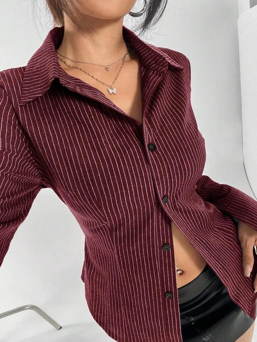 Women Y2K Striped Button Down Shirts Dress Shirts Long Sleeve Gingham Tee Collared Office OL Work Shirt Blouse Top - Image 8