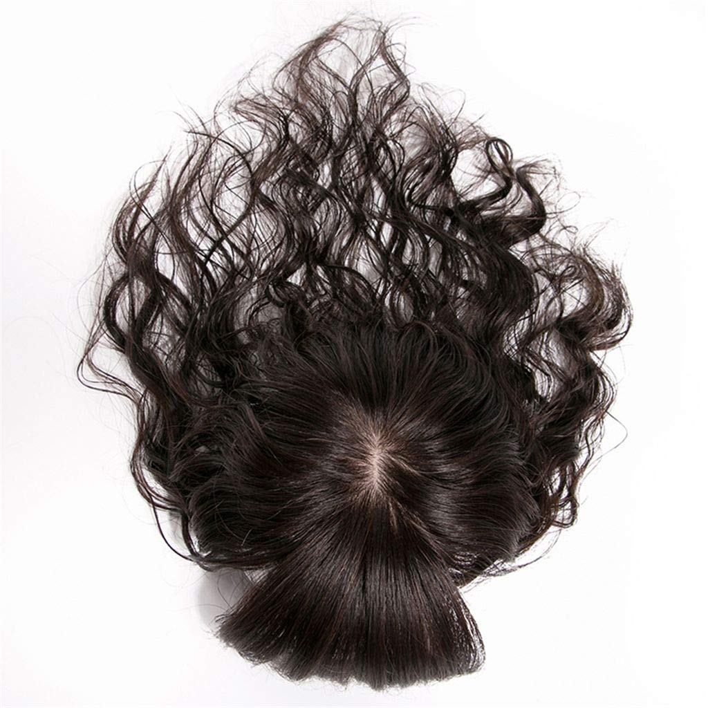 LXUE 10x12CM Silk Base Real Human Hair Topper with Bangs for Women Curly Clips in Top Hairpieces, 30cm Natural Black