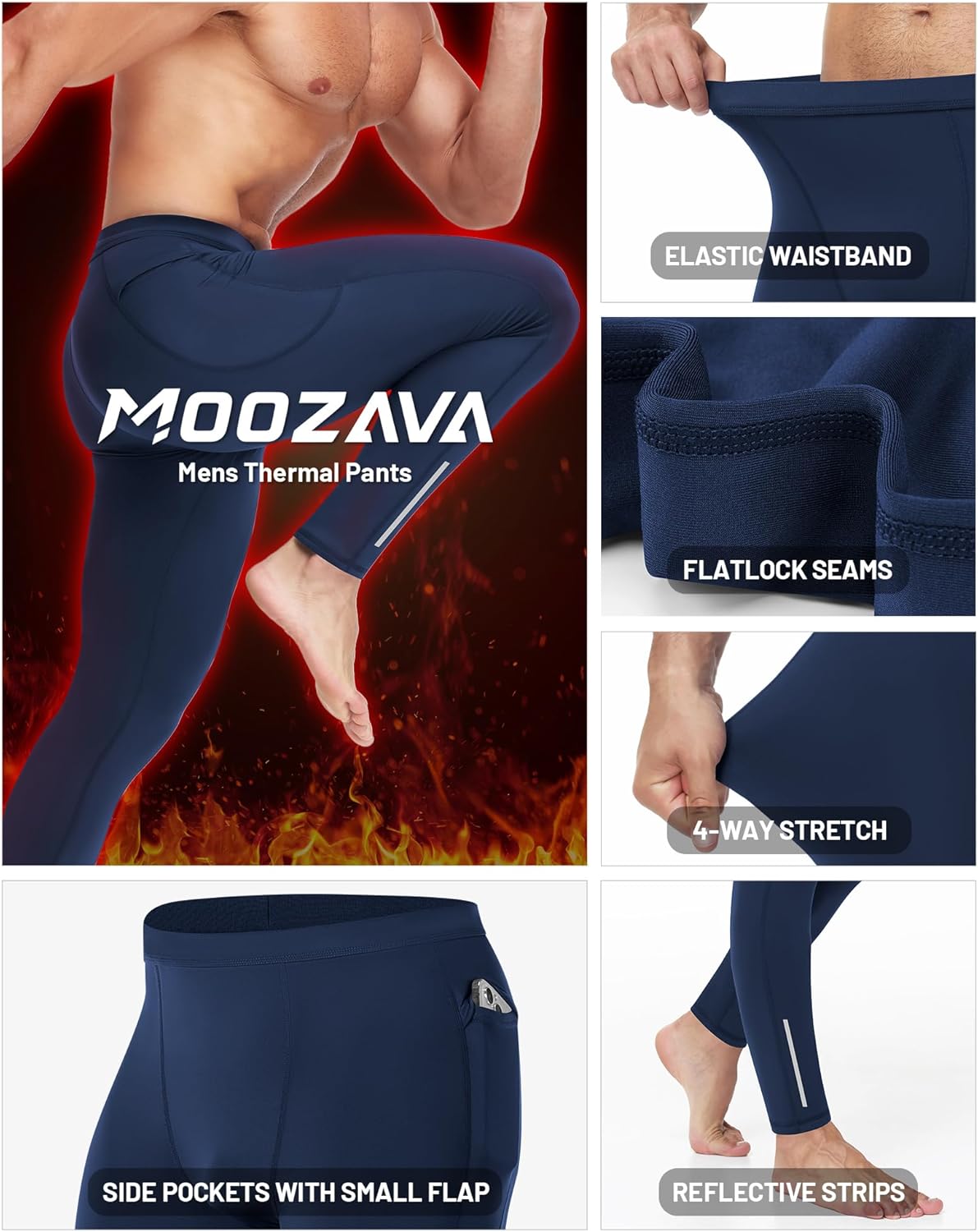 Moozava Thermal Compression Pants for Men Fleece Lined Running Leggings Cold Weather Sports Tights Base Layer with Pockets - Image 3