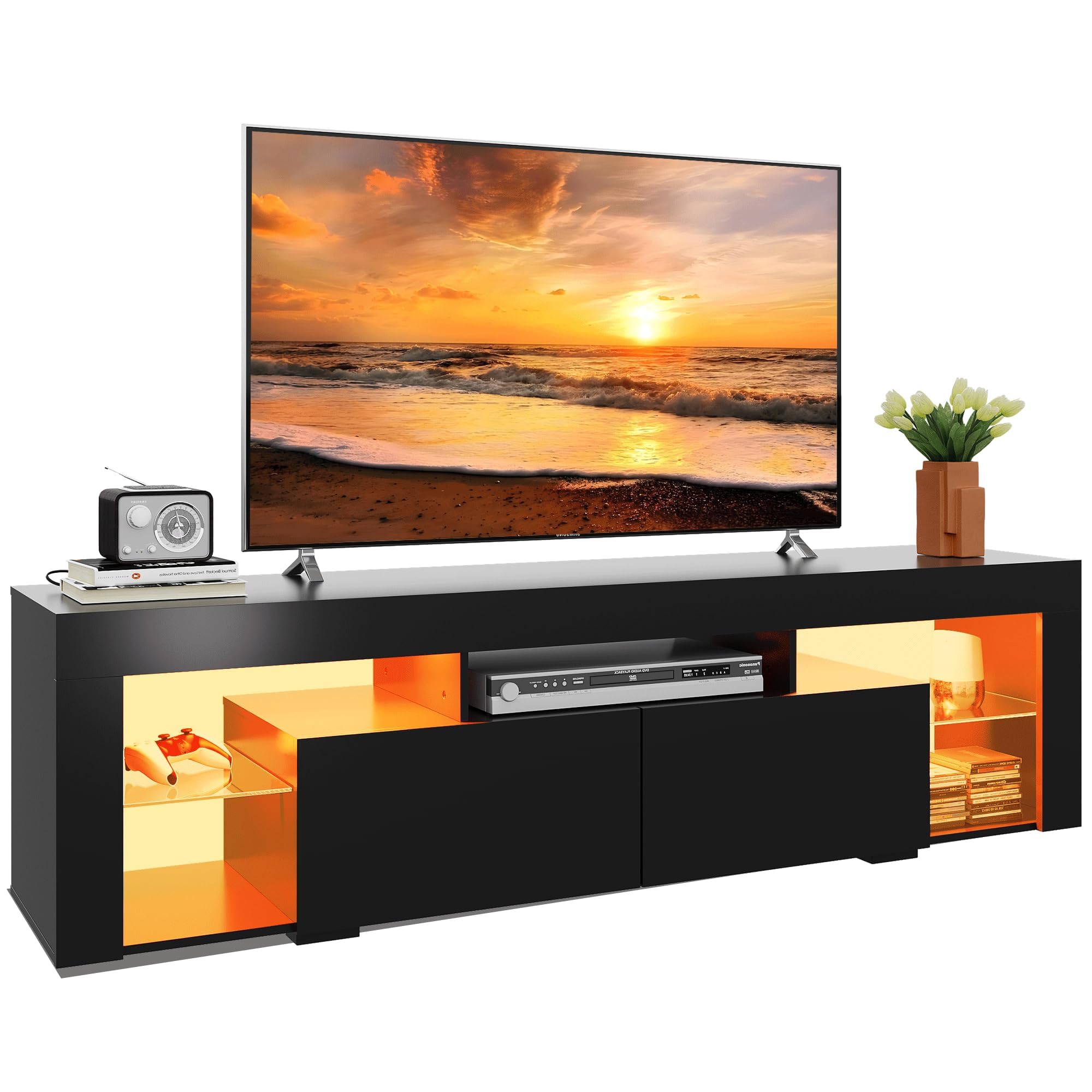 WLIVE LED TV Unit, Black TV Stand Cabinet with LED for up to 70 Inch TV, 160 CM Long, 20 Colors RGB Modern Wood TV Console with 6 Storage, Black