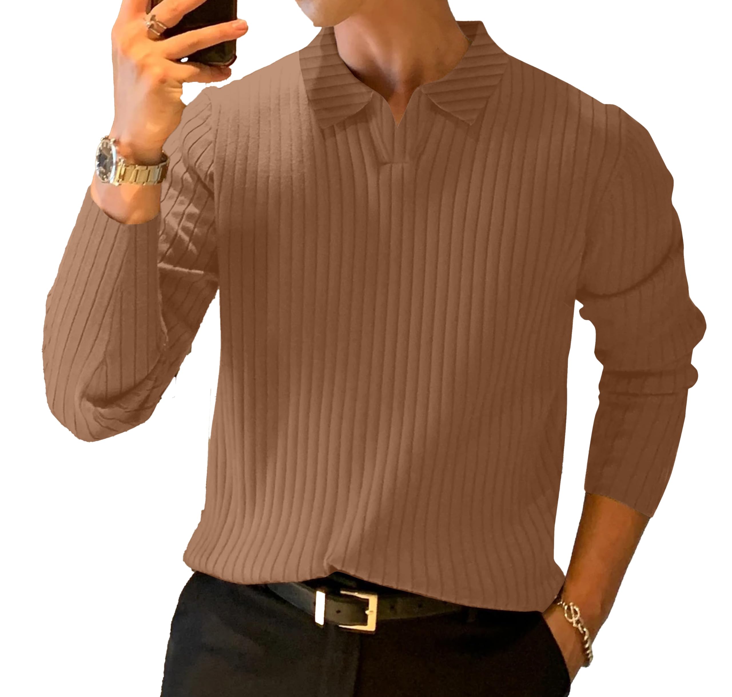avix Men’s Ribbed Knit Polo Shirt Long Sleeve Collared Neck Slim Fit Solid Pattern Stylish Casual Wear, Comfortable & Breathable Everyday Top-picture-23
