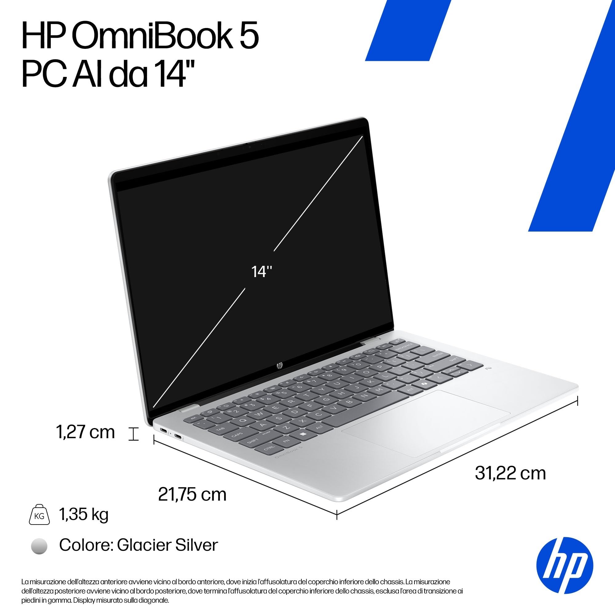 HP OmniBook 5 AI PC 14-he0000slx, Notebook, Snapdragon X X1 26 100, 16 GB RAM, 512 GB, Grafica integrata, Display 14" 2K OLED 300 nits, Copilot+ PC, Laptop, Windows 11, Portatile, Argento