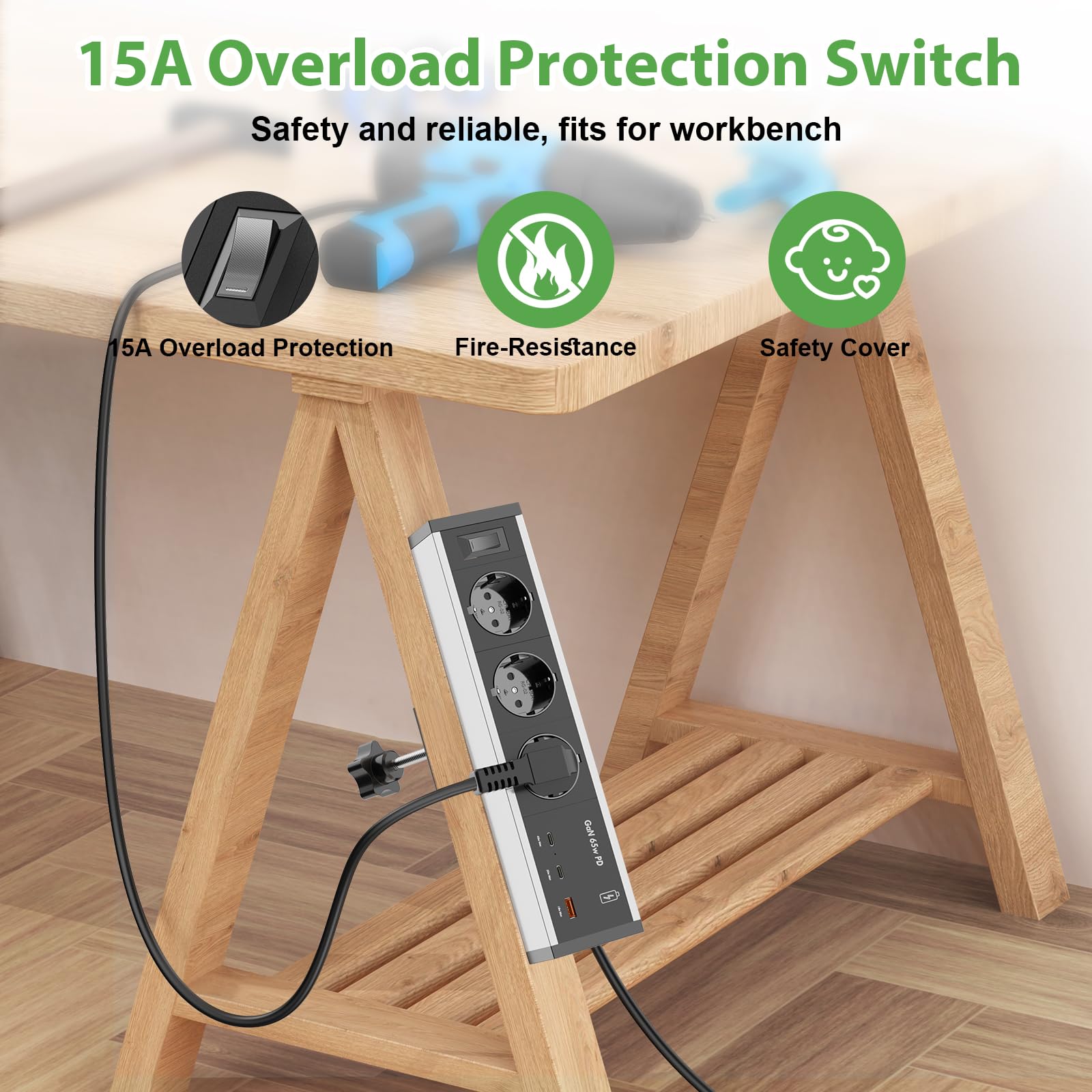 Multiprise de Table à 3 Prises avec 2 USB C GaN PD 65 W, multiprise de Bureau avec Interrupteur, câble de 3 m, 16 A