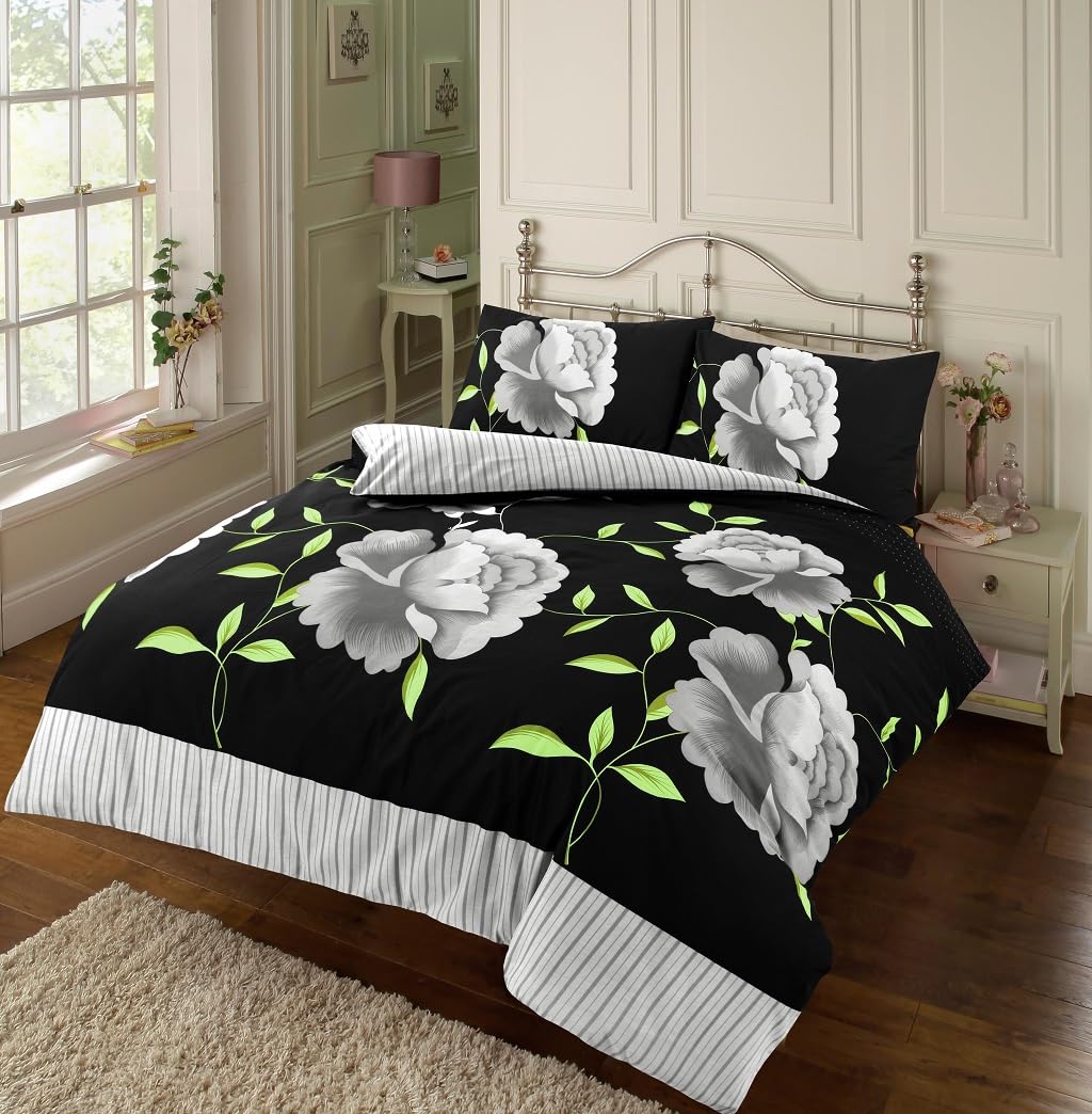 HOME ACE Rosaleen Black White Printed Double Duvet Cover Set - Easy Care Poly Cotton Double Bed Quilt Cover Bedding Set - 200CM x 200CM with 2 Pillowcases 50CM x 75CM