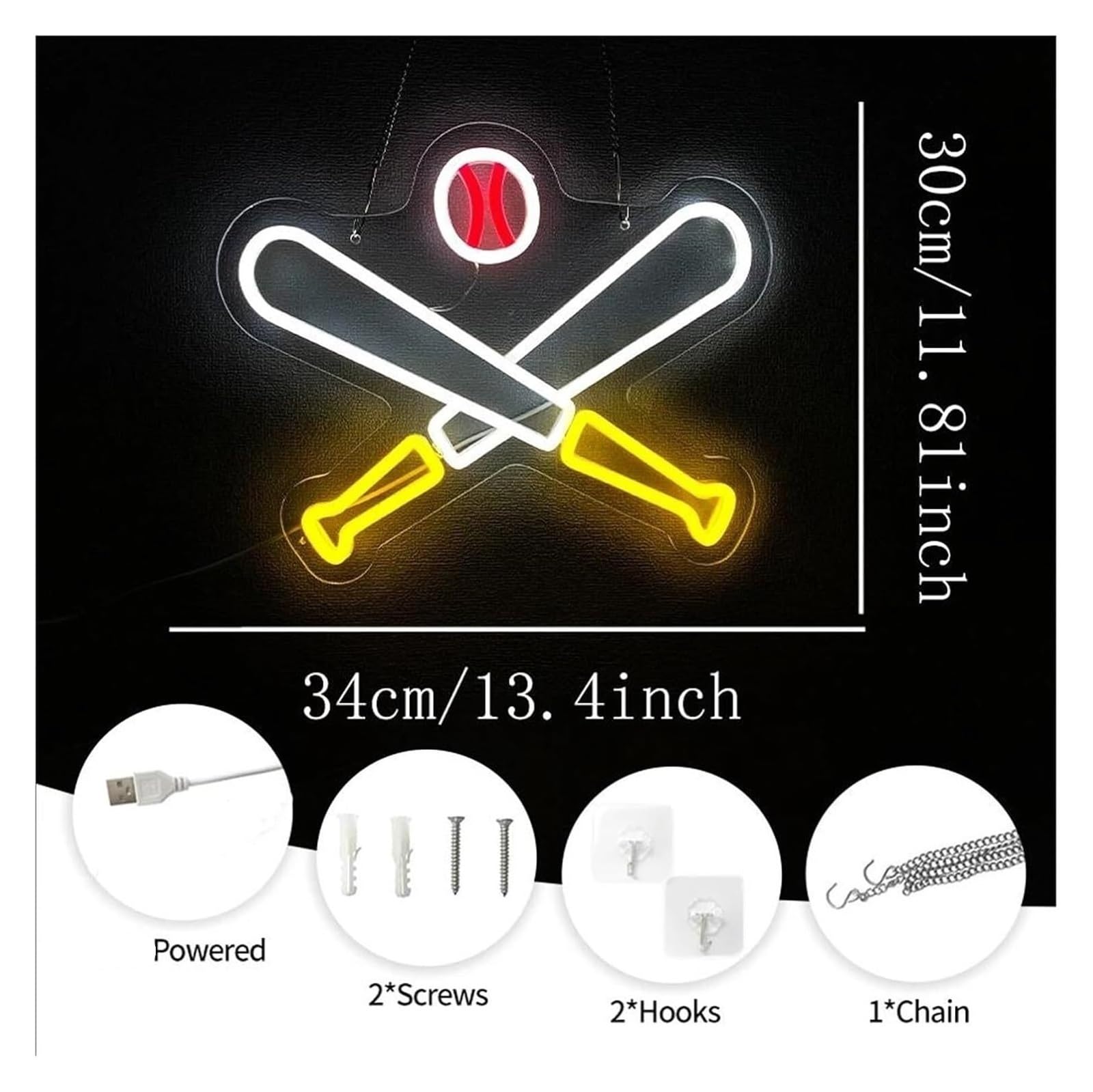 Generico Baseball per insegna al neon Luminosità regolabile Luce alimentata per sport Camera da letto Festa di compleanno Casa