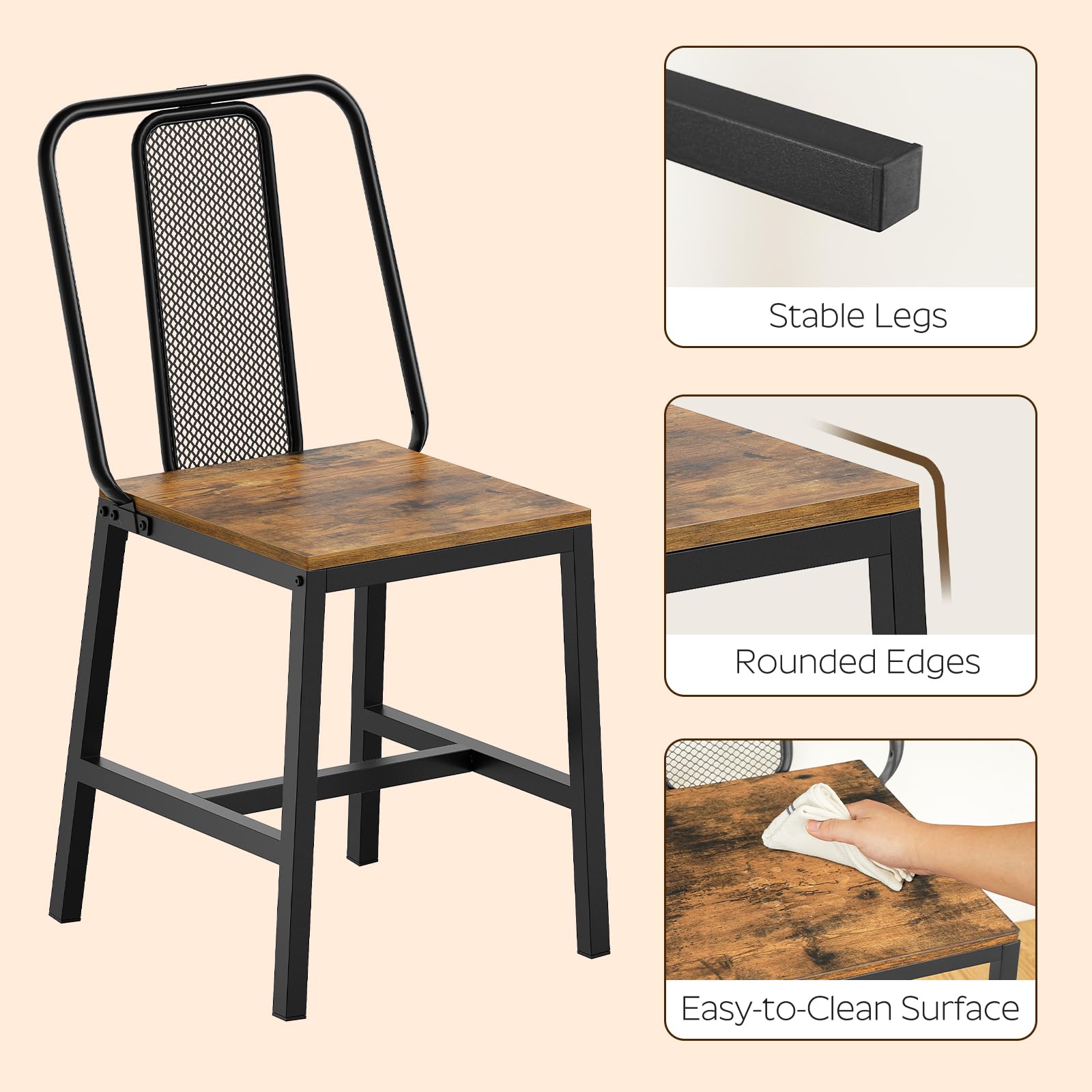 CY01L4BRN1 - Juego de 4 sillas de comedor de madera, sillas de comedor de granja con soporte trasero, para sala de estar, cocina, marrón rústico y negro 7