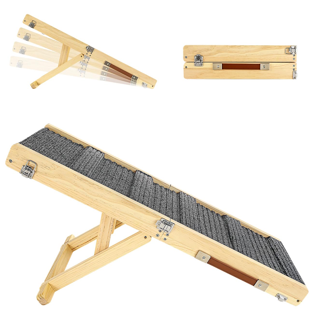 Pawaboo Rampa plegable para perros pequeños, rampa portátil de madera para mascotas, 4 alturas ajustables de 20 cm a 45 cm, rampa de coche para perros pequeños y gatos con alfombra antideslizante, uso