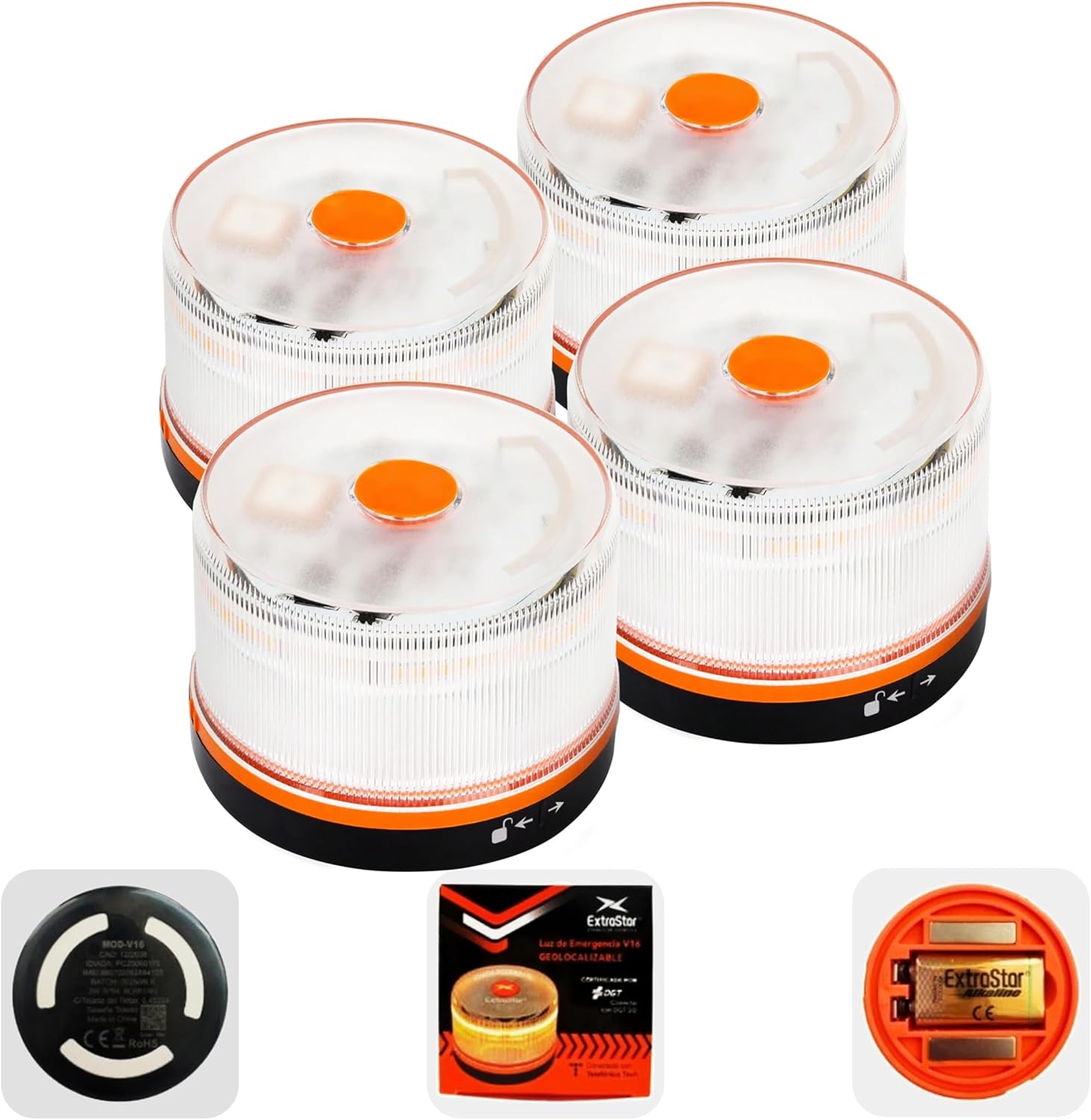 Four HIBRON EBOX V16 Emergency Lights and their packaging