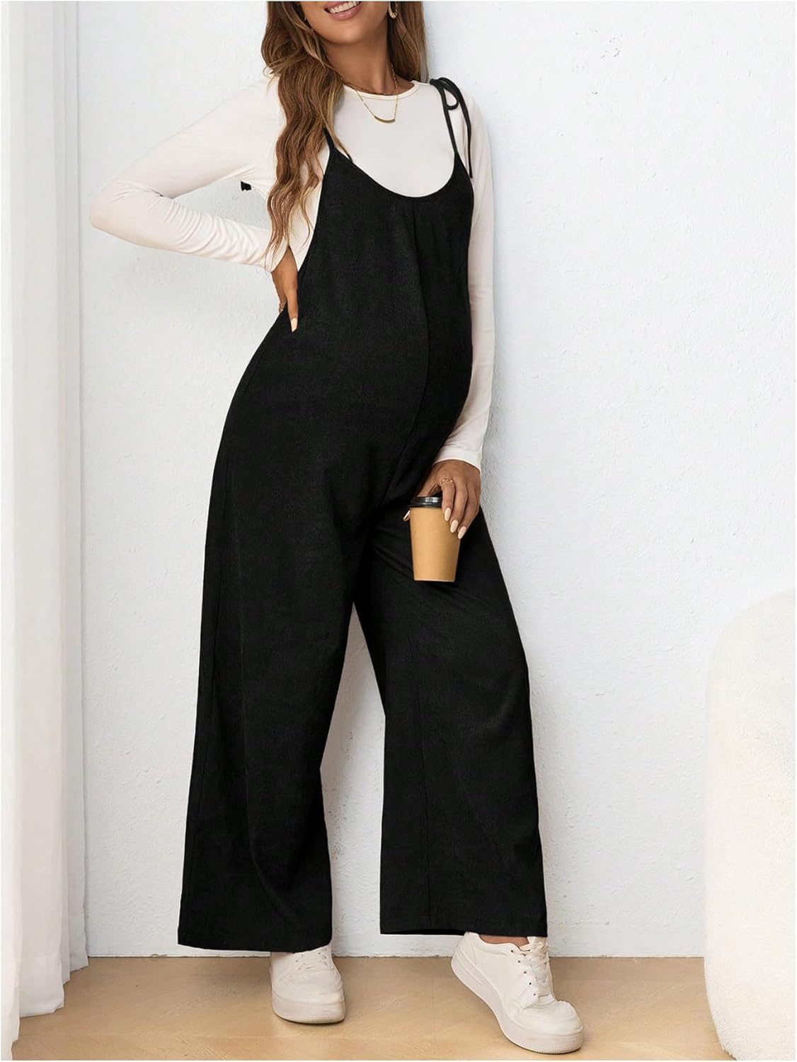 OYOANGLE Women's Maternity Wide Leg Overalls U Neck Spaghetti Strap Pregnancy Jumpsuits - Image 5