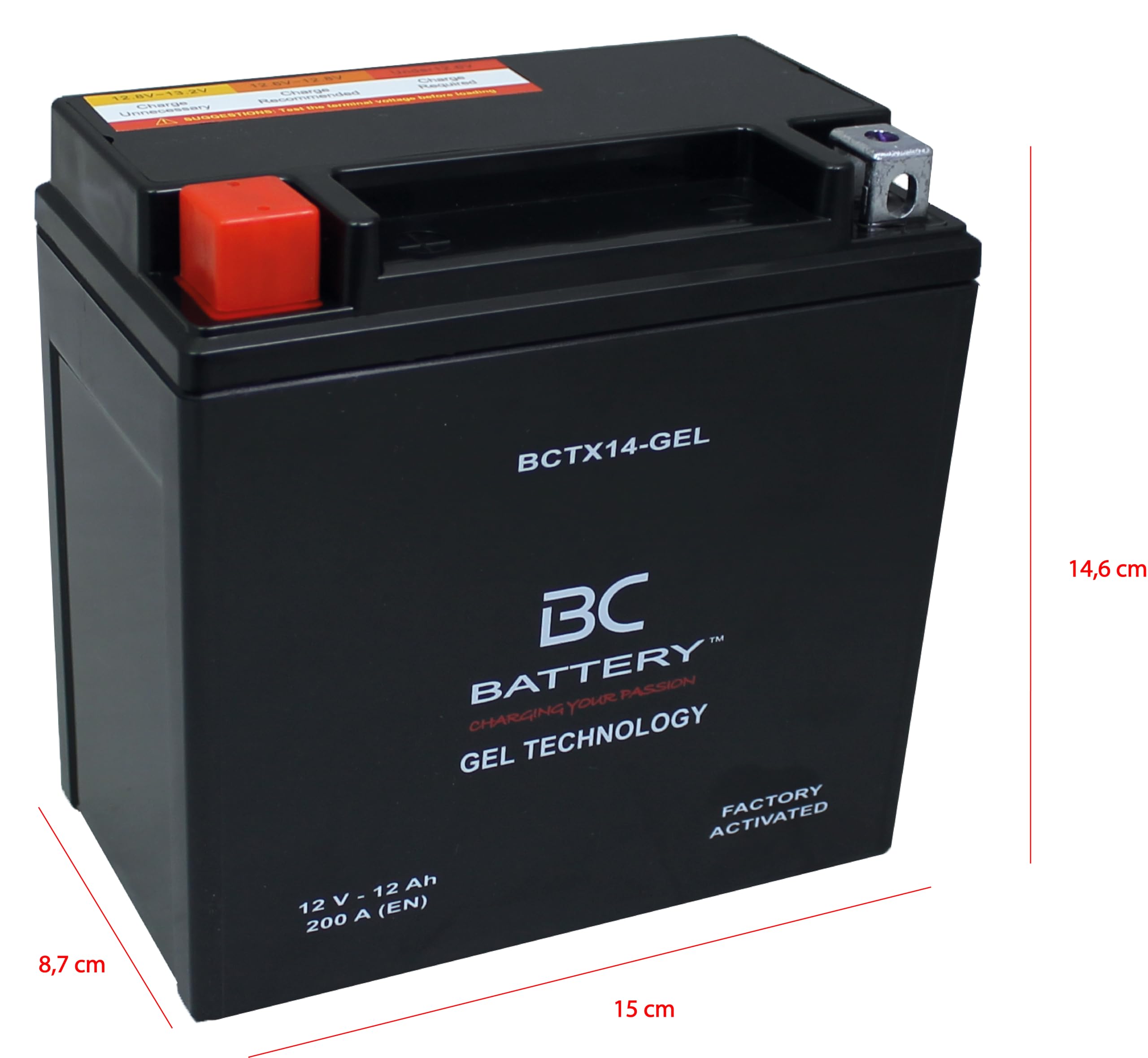 BC BATTERY Batería de arranque para motocicleta con GEL 12V 12Ah BCTX14-GEL Moto&Scooter, sin mantenimiento sellada y precargada similar a YTX14-BS