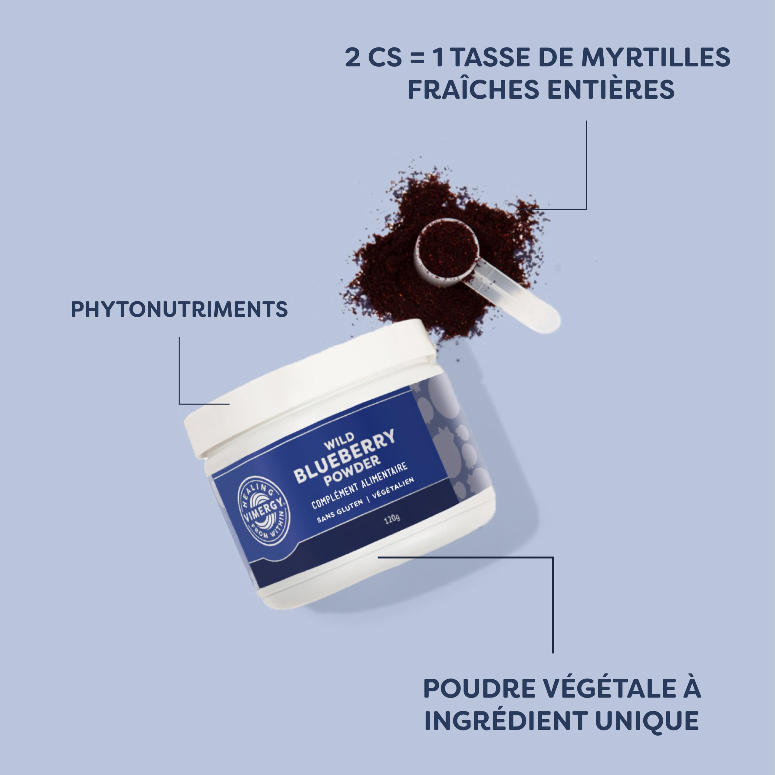 Vimergy Poudre de Myrtille Sauvage, 30 Portions – Myrtille Sauvage – Poudre Faites Avec des Myrtilles Entières – Complément Végan – Formulé sans Sucre Ajouté ni Additifs – Sans OGM ni Gluten (120g)