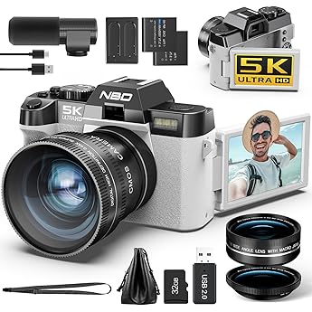NBD 5K Digital Camera 48MP with Auto Focus & 16X Zoom 3 Inch 180  Folding Display WiFi - Includes Wide Angle/Macro Lens + 2 Batteries 32GB Card + Microphone White