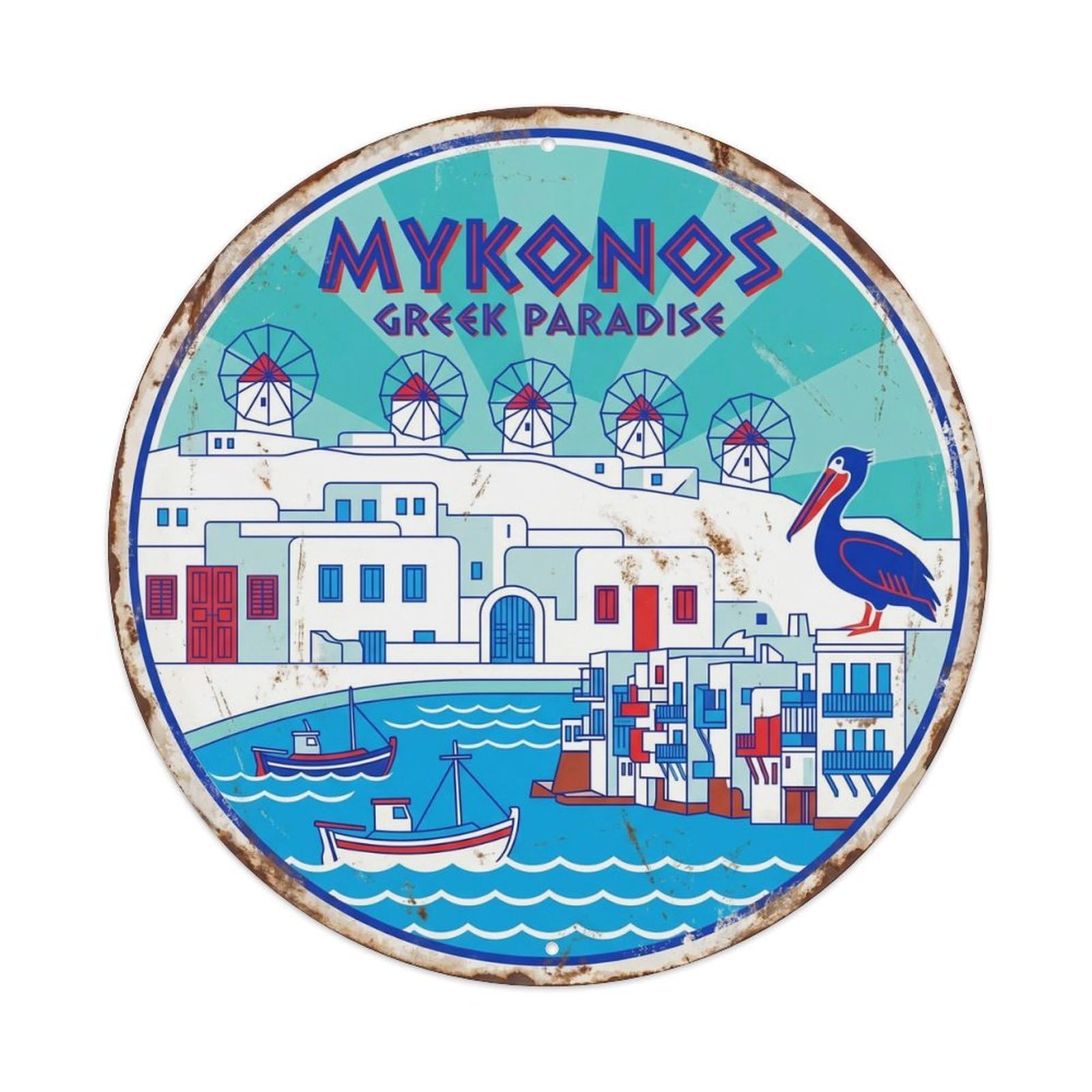 Vintage Travel Mykonos Windmill Aegean Metal Tin Sign