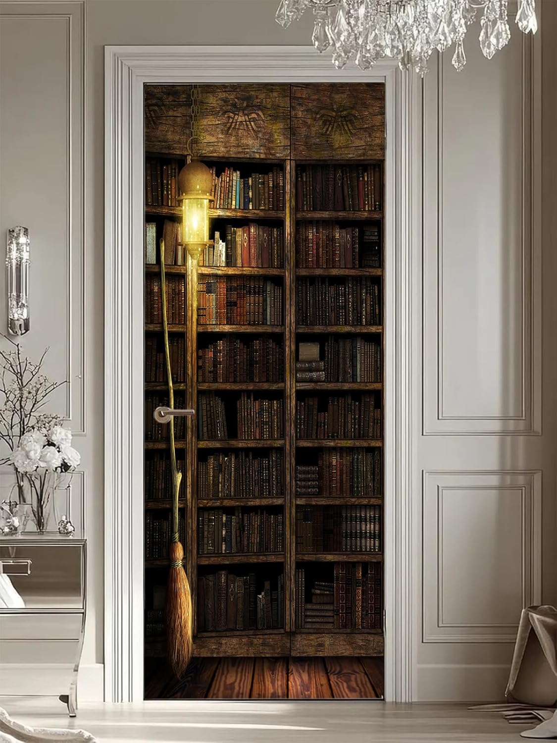 artfanke 3D Vintage Bookshelf Peel and Stick Door Sticker 33.5"x84.6"-Self-Adhesive Door Murals Wallpaper Removable Wall Decals for Home Decor (2 Sheets/Set)