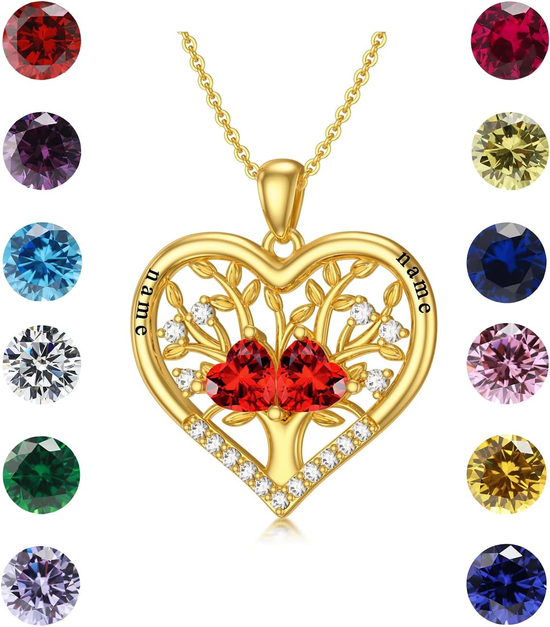SISGEM Real Gold Custom Tree of Life Necklace for Women,10K 14K 18K Gold Heart Pendant Necklace Personalized Birthstones Names Jewelry Personalized Gifts for Birthday Christmas Anniversary