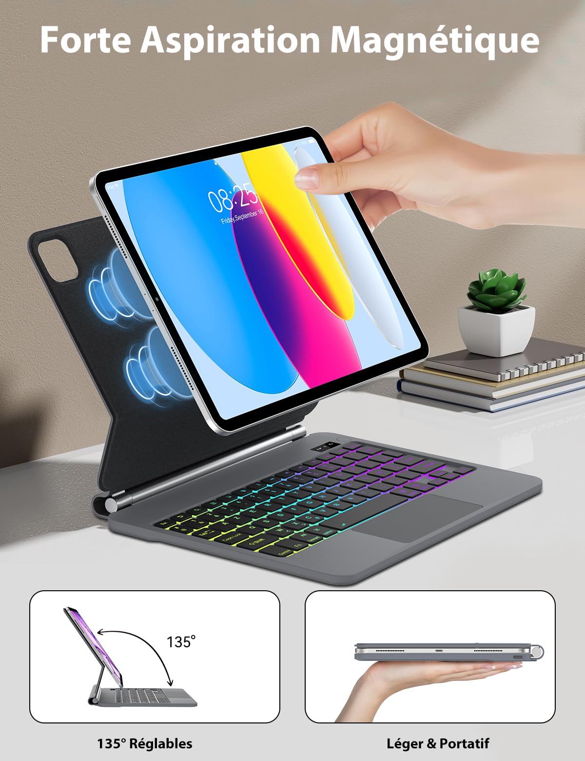 Clavier Magic Keyboard IPad 11e/10e Génération - AZERTY Français - Rétroéclairage - Trackpad Multitouch - Support Magnétique - 10
