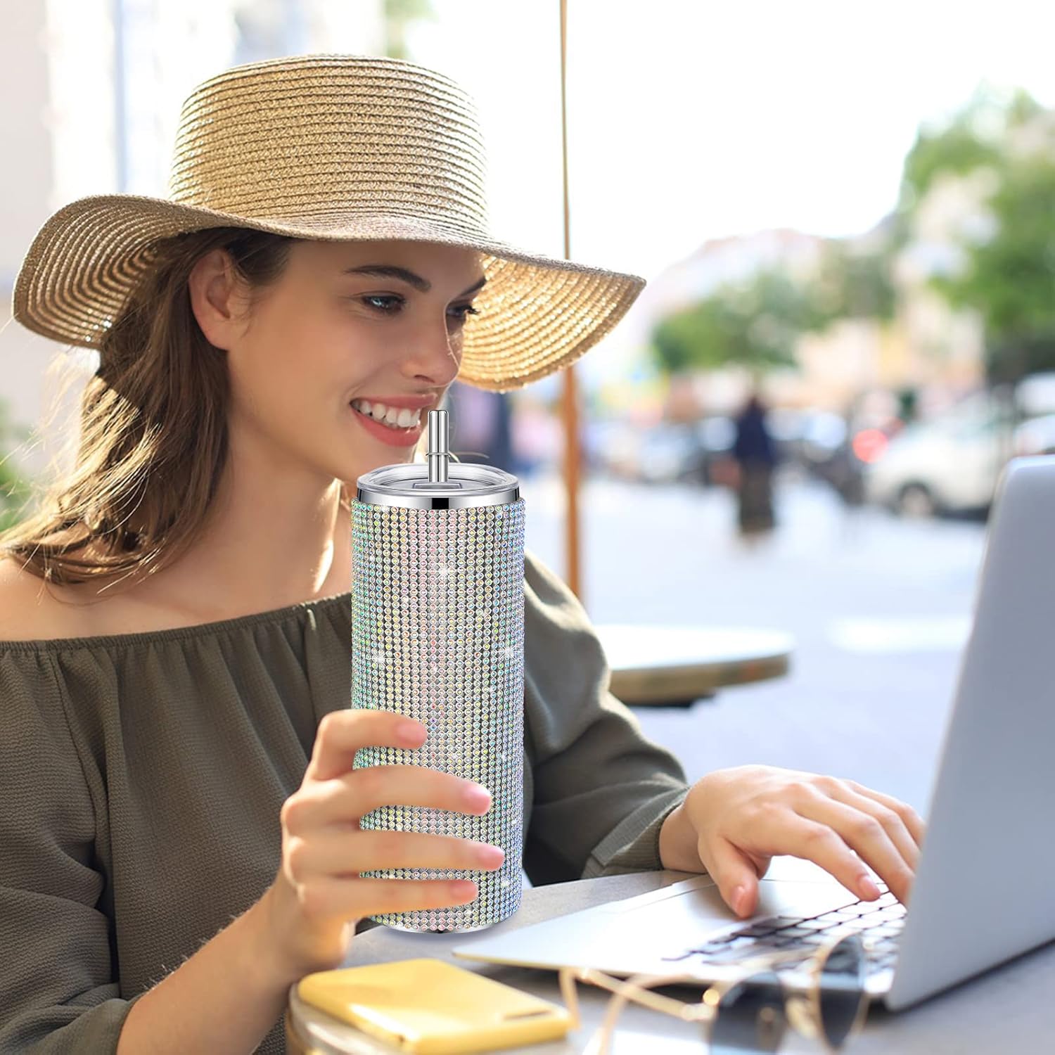 Tessco Bling Tumbler Cups Rhinestones with Straw Glitter Water Bottle Stainless Steel Straw Tumbler Insulated Bling Cup with Lid Brush for Teacher Graduation Season Gifts(20 oz,Colorful) - Image 5