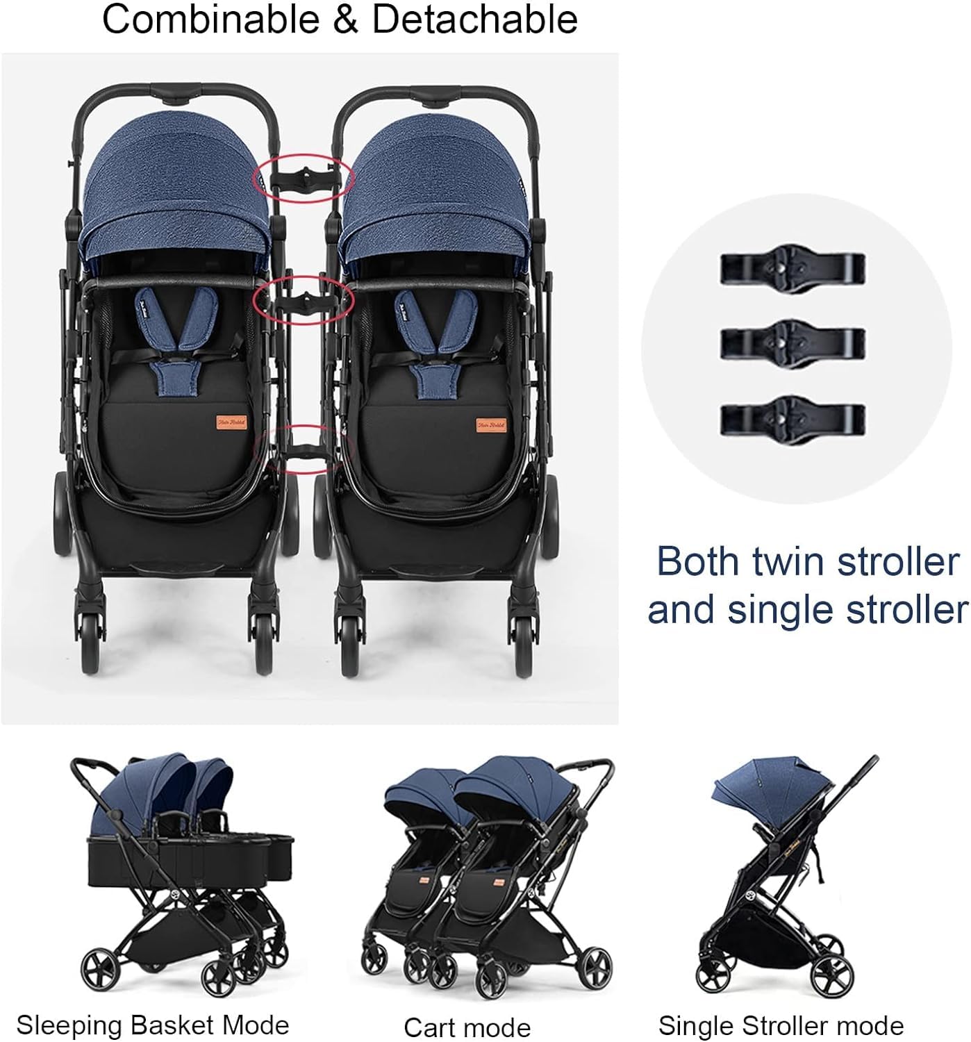 Poussette Tandem Pliable à Double siège - Poussette Double pour bébé - Réversible - Facile à Plier - Protection UV - Auvent de Poussette Tout Terrain séparable - Gris Rose