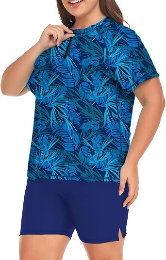 Inno 2 Piece Plus Size Swimsuit for Women Zip Front Rash Guard Shirts | Modest Coverage, Raglan Sleeves, Elastic Waist, Supper Sun Protection SPF 50+, Block 98% UV, Chlorine Resistant, Quick Dry