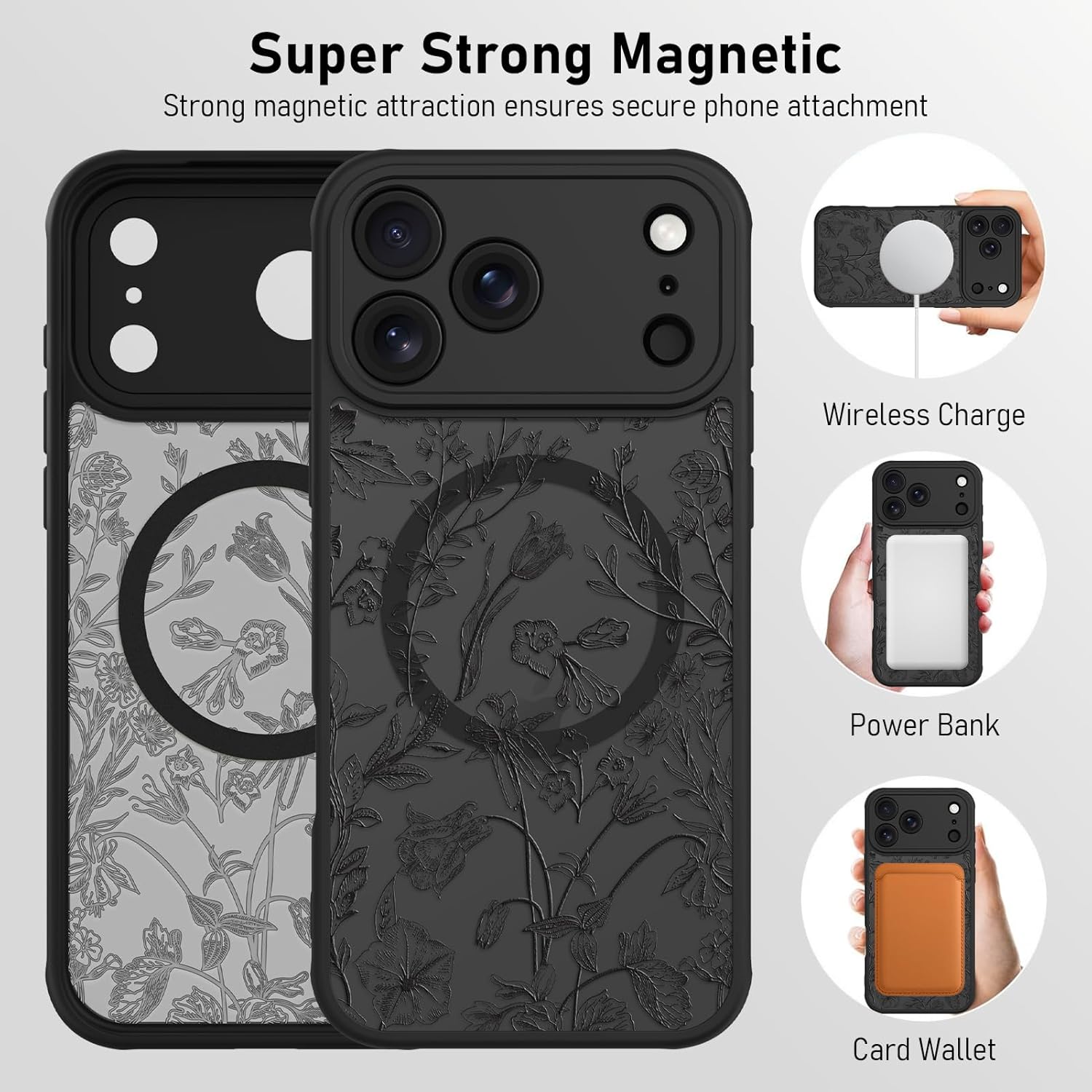 AIGOMARA Magnetic for iPhone 17 Pro Case, Compatible with Magsafe Cute Black Sage Flower Floral Pattern Screen Protector Camera Protection Matte Translucent Phone Case for Women Girls - Image 6