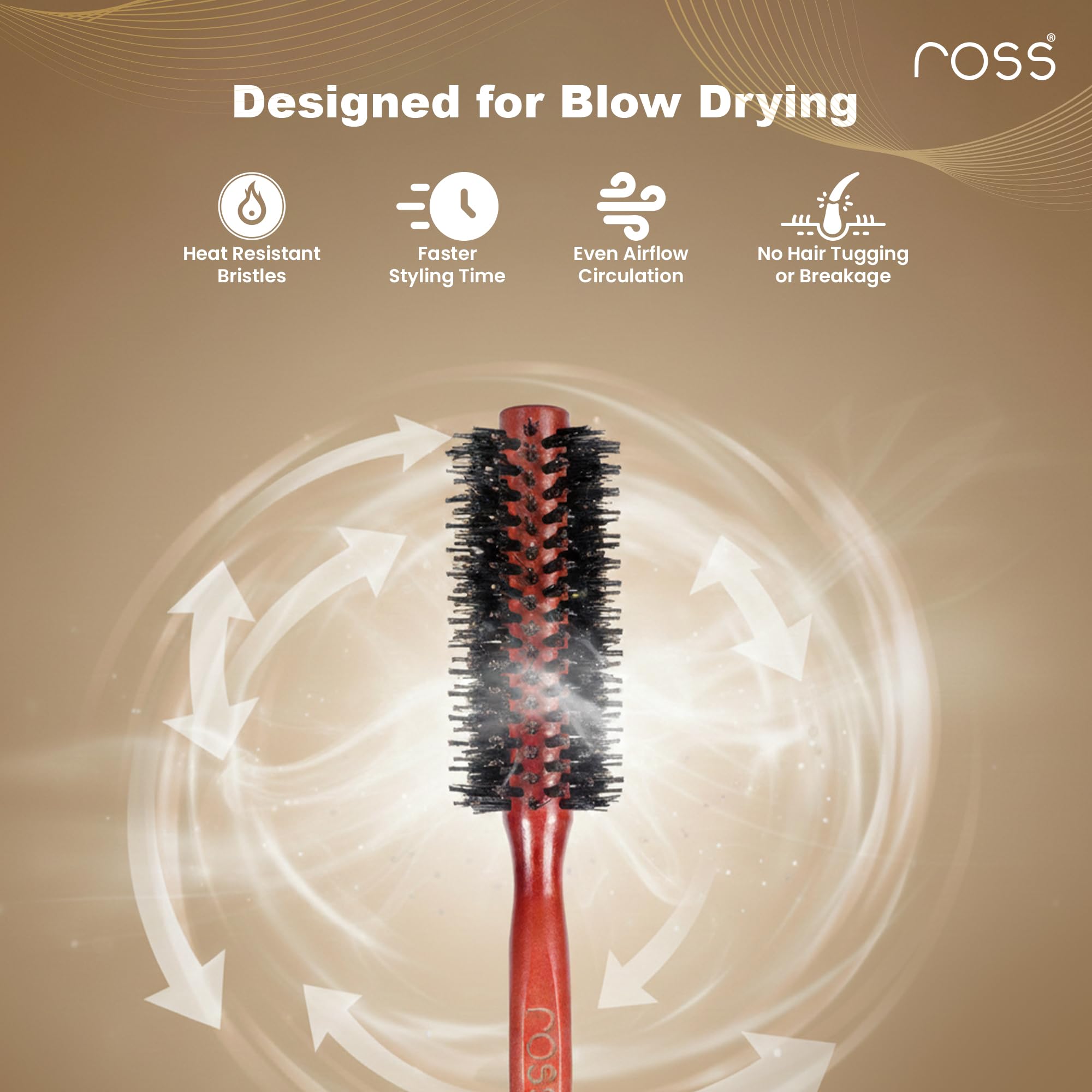 Ross Round Hair Brush with Natural Boar Bristles & Nylon Pins | Professional Blow Dry Styling Brush for Volume, Curl & Shine | Frizz Control | Wooden Handle | For Men & Women 4