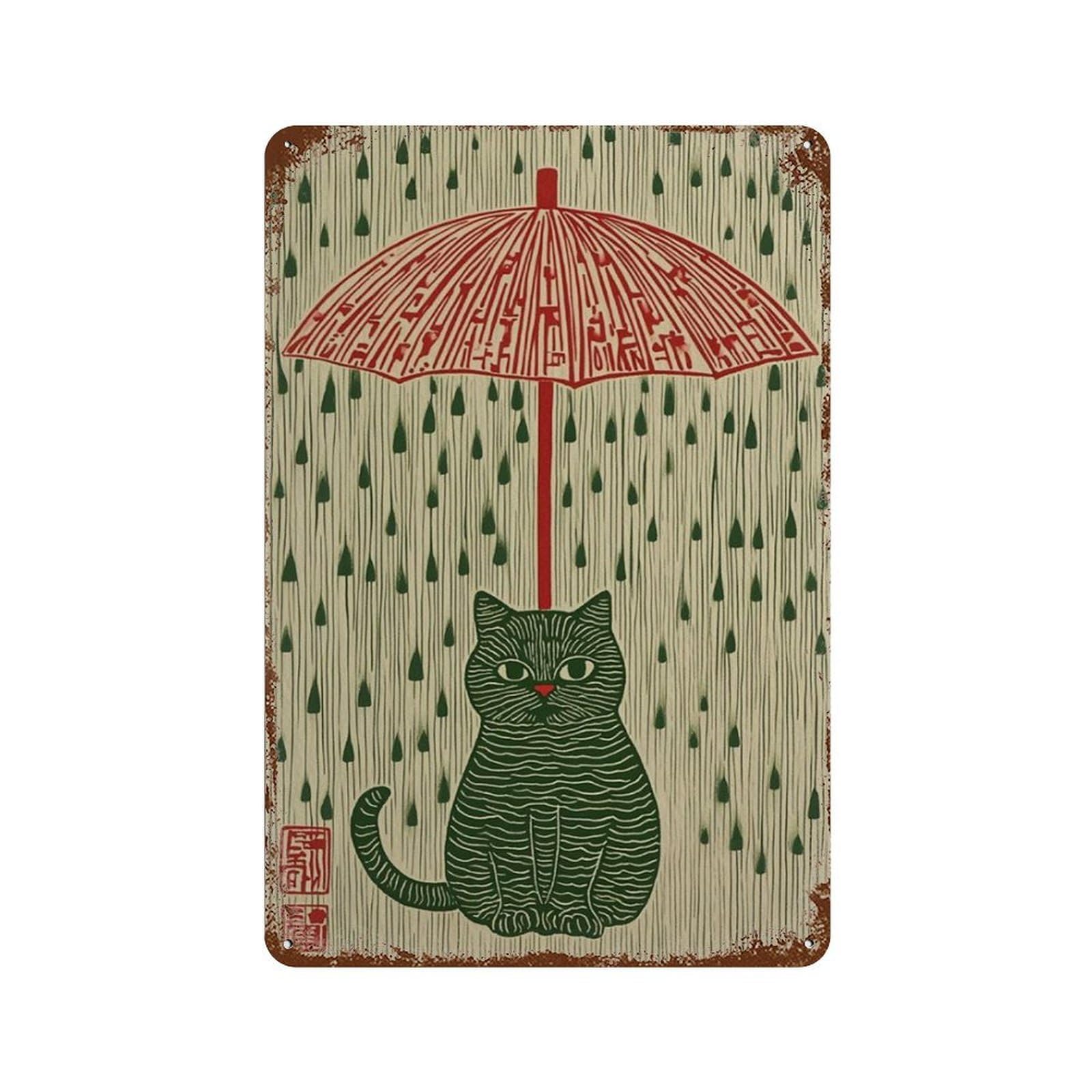 xiaoxiaoshen Black Cat Umbrella Japanese Style Rainy Day Minimal Asian Cute Work Wall Decor Art Metal Tin Poster Modern Home Decor Art Home Bar Shop Decorations Vintage Sign 30x20cm