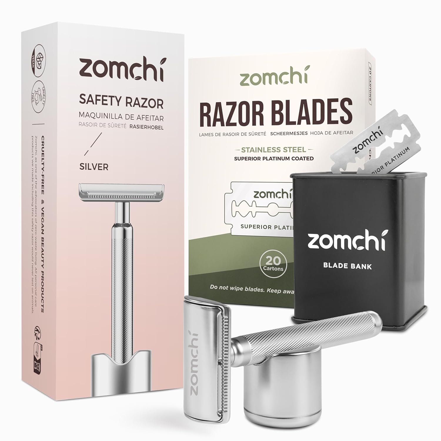 Double Edge Safety Razor with Razor Stand with 100 Counts Safety Razor Blades for Shaving and Razor Blade Bank