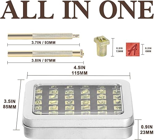Miniatura 4 de BESTNULE 37 piezas de herramientas de estampado de cuero de 14"6 mm, juego de herramientas de estampado, 26 letras mayúsculas+ 10 símbolos + 1 mango