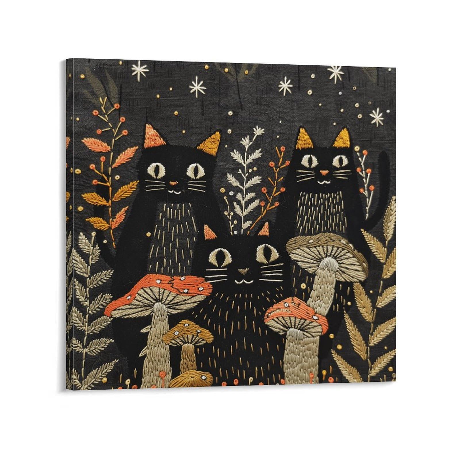 KLOPH Cats And Mushrooms Canvas Wall Art for Living Room 10x10inch Modern Artwork Painting for Bathroom Hanging Canvas Prints Aesthetic Wallart for Bedroom Kitchen Office Wall Decor