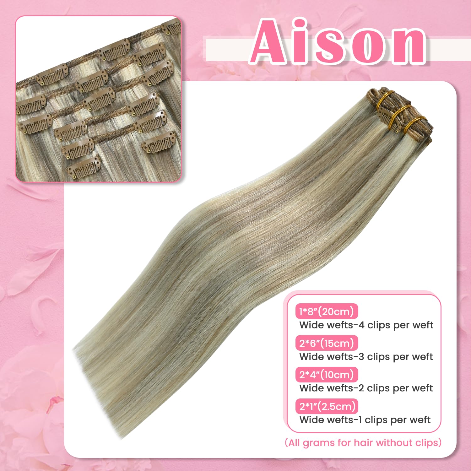 Aison Clip-in Hair Extensions, 20 Inch Ash Blonde Mixed Bleach Blonde, Real Human Hair Double Weft 70g 7pcs #18p613