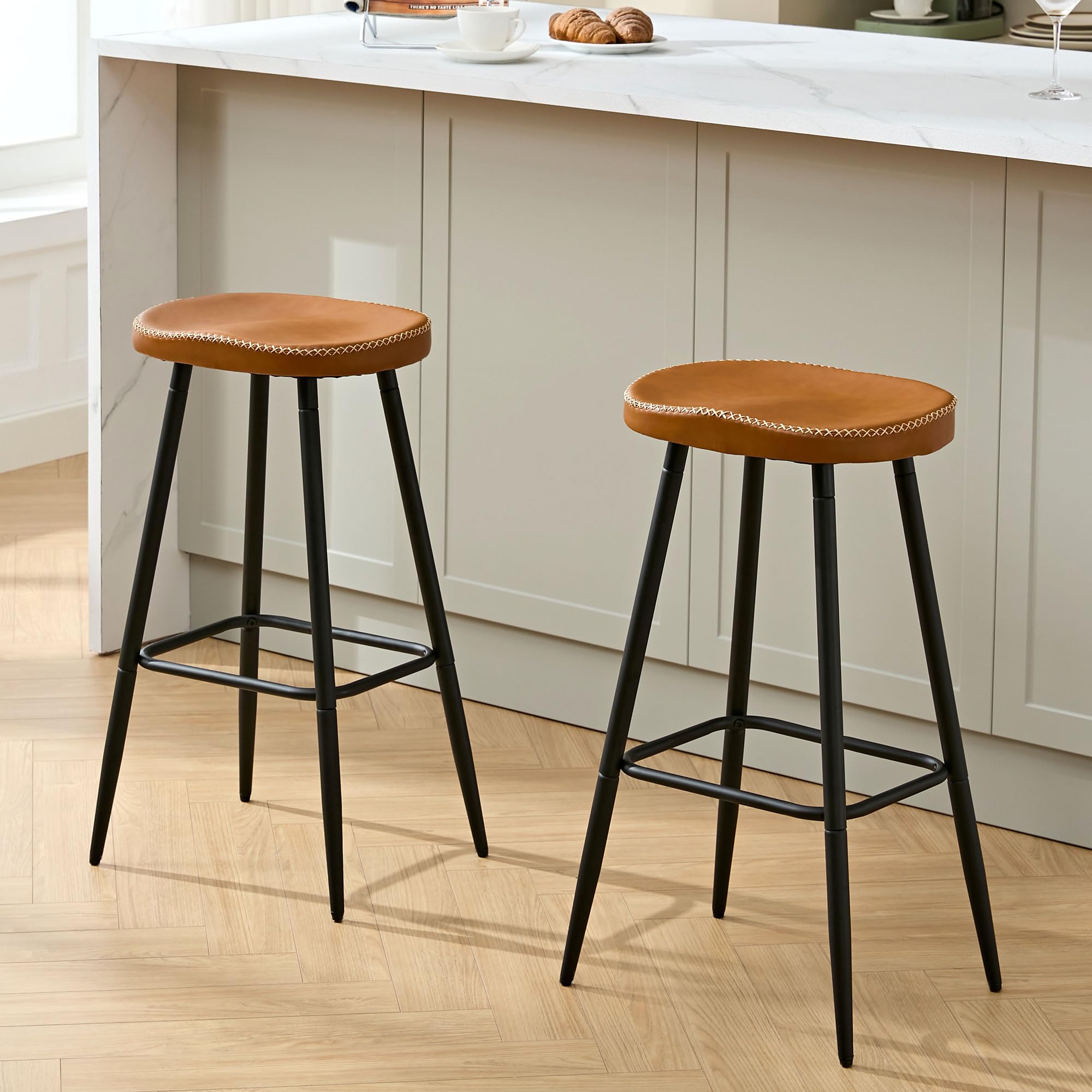 FIRAVOE Bar Stools Set of 2, Modern 28" Bar Height Bar Stools, Faux Leather Backless Saddle Stools for Kitchen Island (Whiskey Brown, 2 PCS 28''
