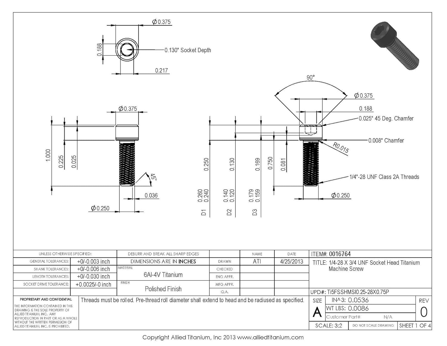 0016764, (Pack of 10) 1/4-28 X 3/4 UNF Socket Head Machine Screw, Grade 5 (Ti-6Al-4V)