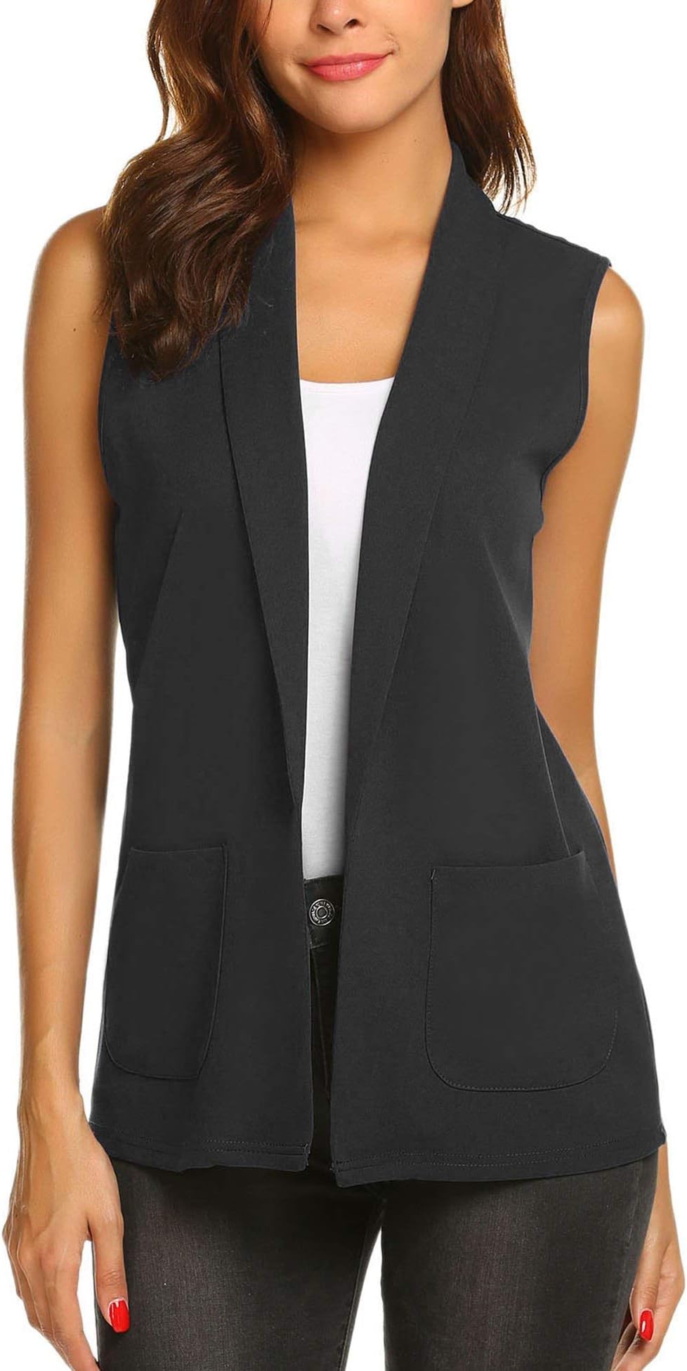 Pinsaprk Women Sleeveless Draped Blazer Open Front Pocket Cardigan Vest Top (Black, Small)