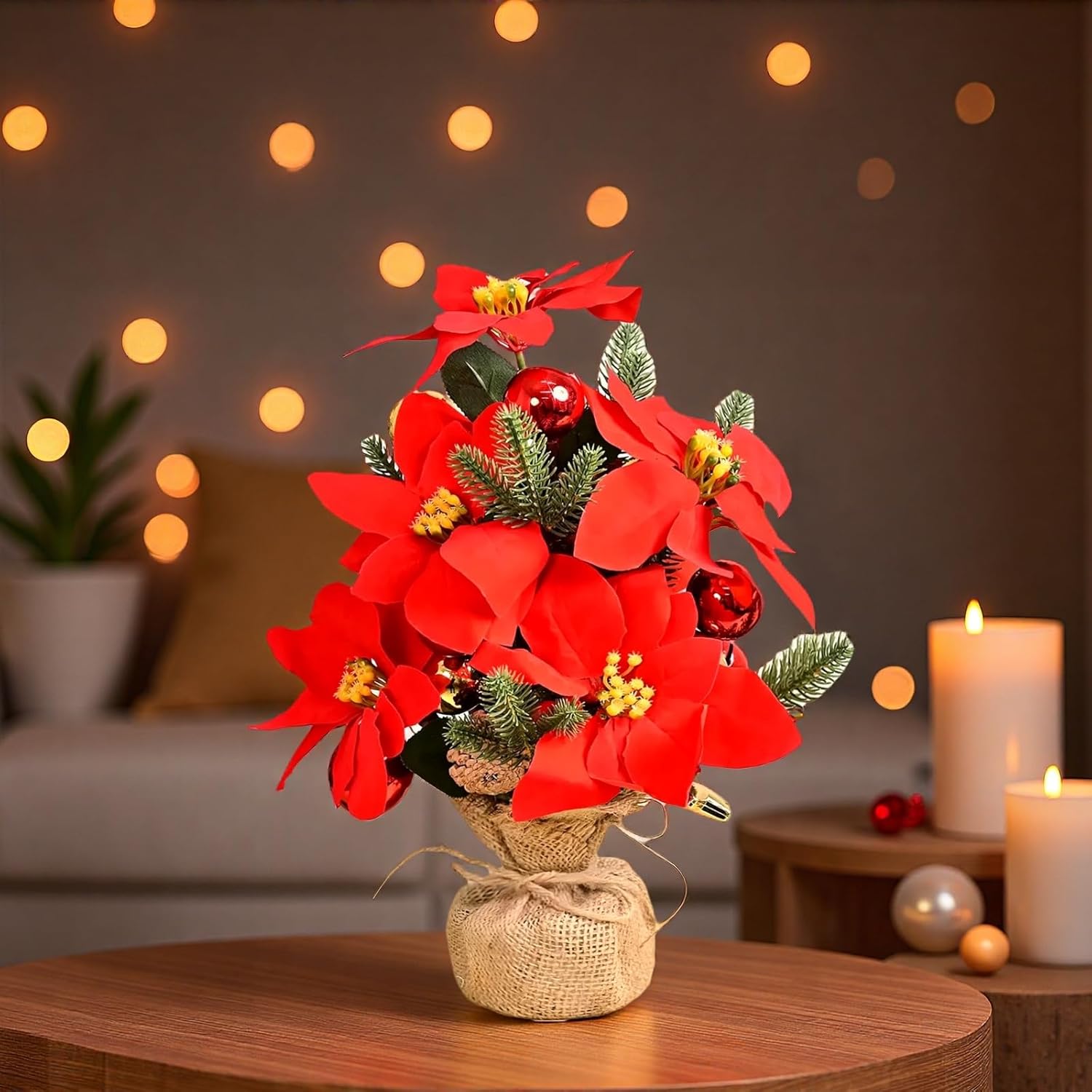Artificial Poinsettias Flowers Bouquet Large Premier Silk Poinsettia Plant Artificial Flowers Pot Centerpiece Table Decoration for Dining Room,Home Office Christmas Decoration (Red)