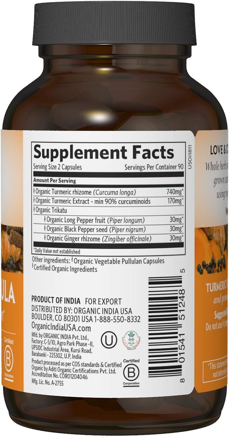 ORGANIC INDIA Turmeric Curcumin Herbal Supplement - Joint Mobility & Immune Support, Healthy Inflammatory Response, Whole Root Supplement, Trikatu, USDA Certified Organic, Non-GMO - 180 Capsules