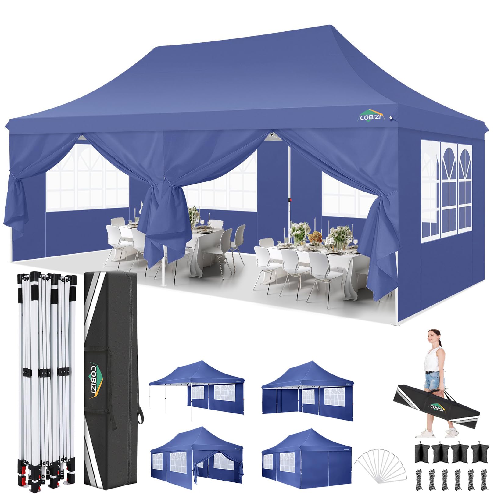 COBIZI 10x20ft Pop Up Canopy Tent with 6 Removable Sidewalls, Easy Up Commercial Canopy, Waterproof and UV50+ Gazebo with Portable Bag, Adjustable Leg Heights,Party Tents for Parties, with 4 Sandbags