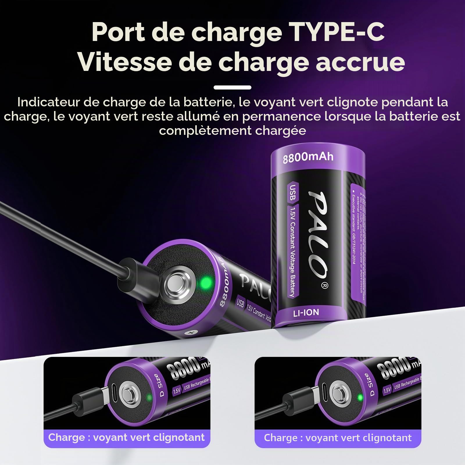 Lot de 6 piles D 1,5 V USB-C LR20 8800 mAh au lithium, batterie de type C, faible auto-décharge, avec lumière de charge, plus de 1500 cycles, lot de 6 piles D 1,5 V