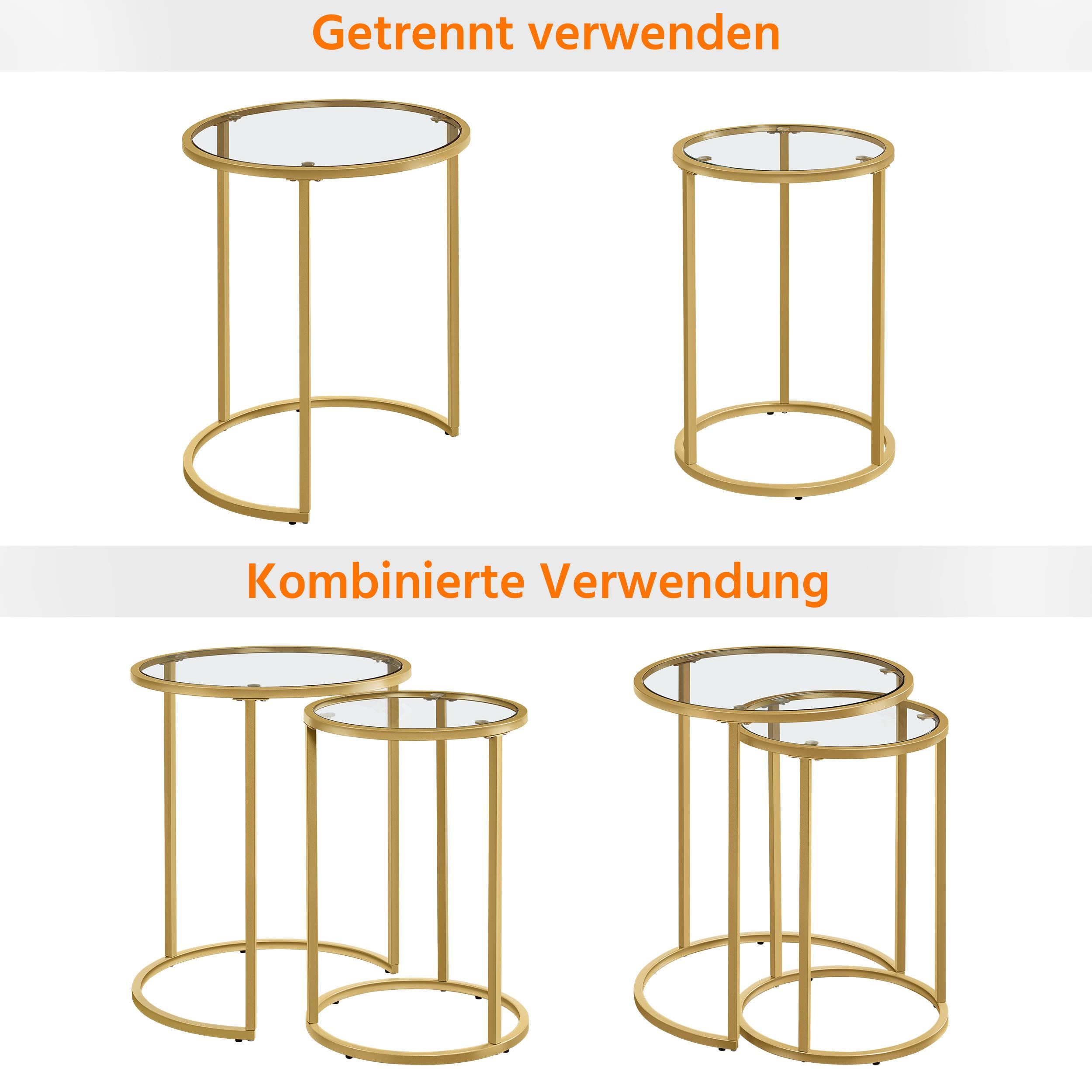 Yaheetech Satztische rund, 2er Set Beistelltisch, Couchtisch Glas, für Wohnzimmer, modernes Design, Metallgestell senf Gold, 49,5 x 49,5 x 59 cm
