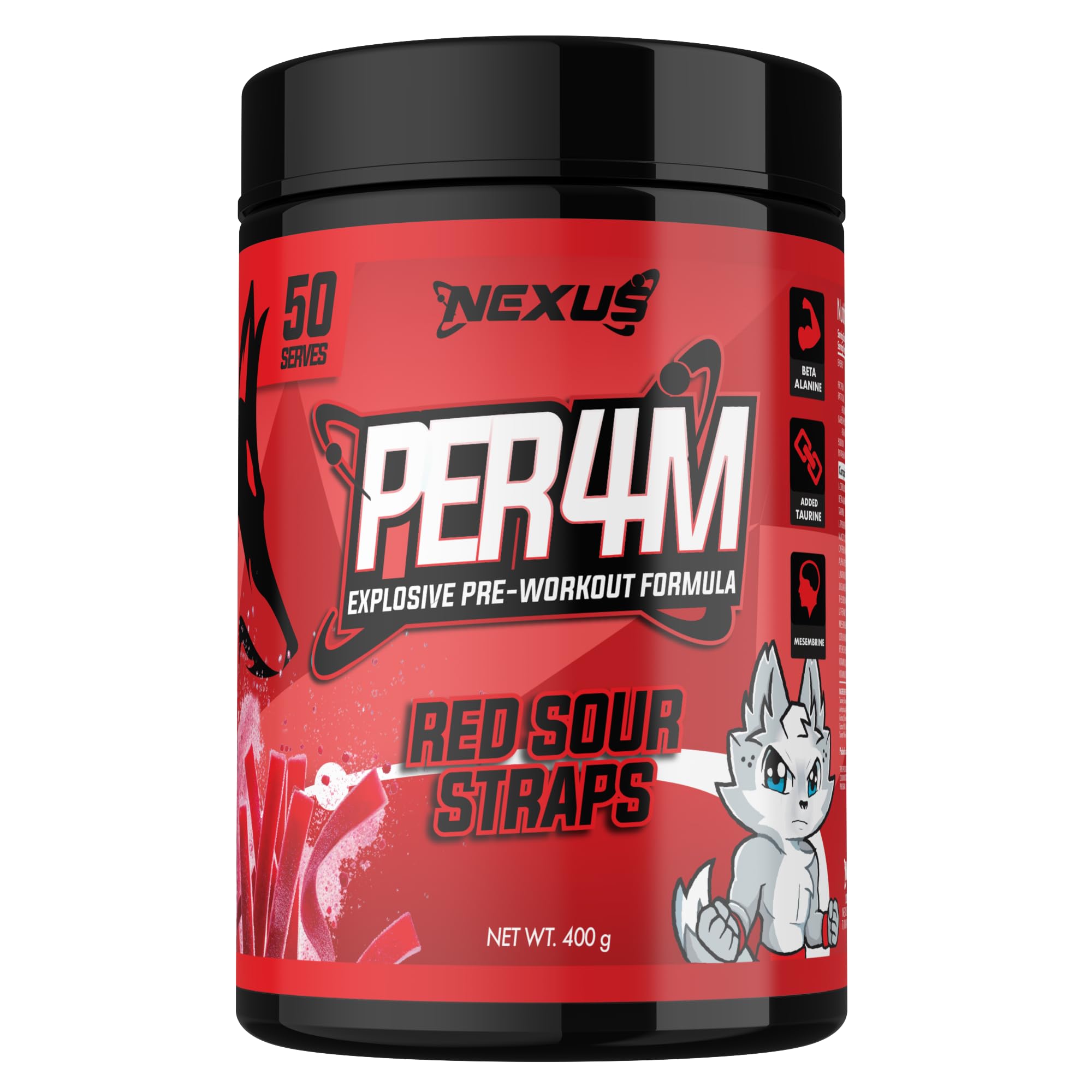 Nexus PER4M Pre Workout Powder Supplement, English Walnut, Alpha GPC, Caffeine Anhydrous, L-citrulline, Beta Alanine, Taurine, L-Tyrosine, Dairy & Gluten-Free, 50 Servings (400g) (Red Sour Straps)
