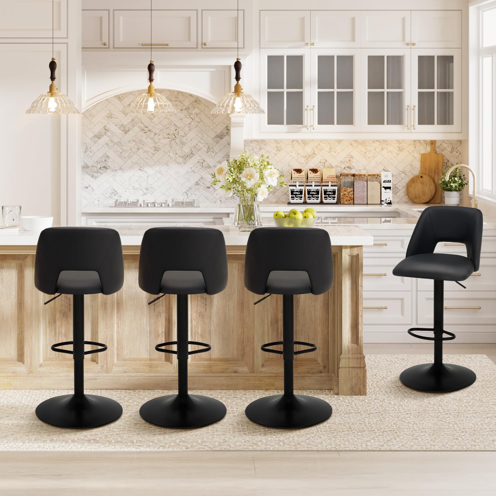 COLAMY Bar Stools Set of 4, Modern Swivel Bar Chairs, Adjustable PU Leather Upholstered Barstools Counter Height with Full Backrest for Bar, Dining Room, Kitchen Island, Black