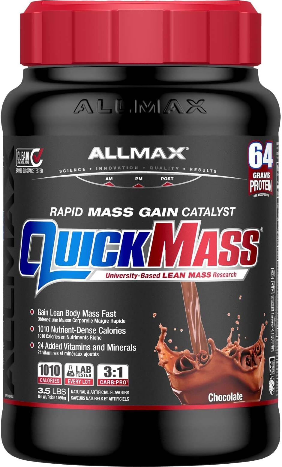 ALLMAX QUICKMASS, Chocolate - 3.5 lb - Rapid Mass Gain Catalyst - Up to 64 Grams of Protein Per Serving - 3:1 Carb to Protein Ratio - Zero Trans Fat - Up to 24 Servings