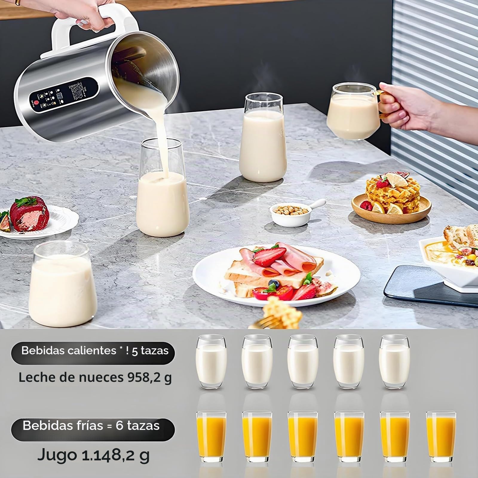 Máquina para Preparar Leche de Frutos Secos de 1.2 L, de Acero Inoxidable, con 8 menús Inteligentes, Temporizador de 24 h, Pantalla LED, Limpieza automática y Cortador de 12 Cuchillas