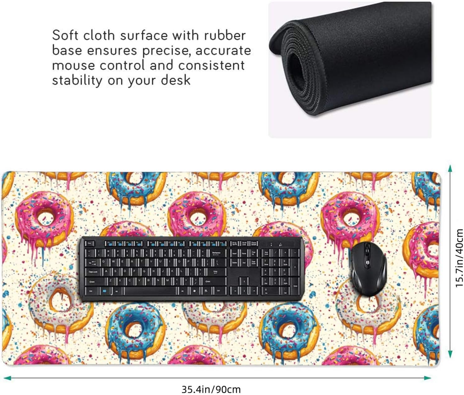Large Gaming Mouse Pad, Colorful Dot Donut Print Desk Keyboard Pad, Non-Slip Desk Mat for Desktop Keyboard and Mouse, Mousepad for Office Home Accessories 16x35.5