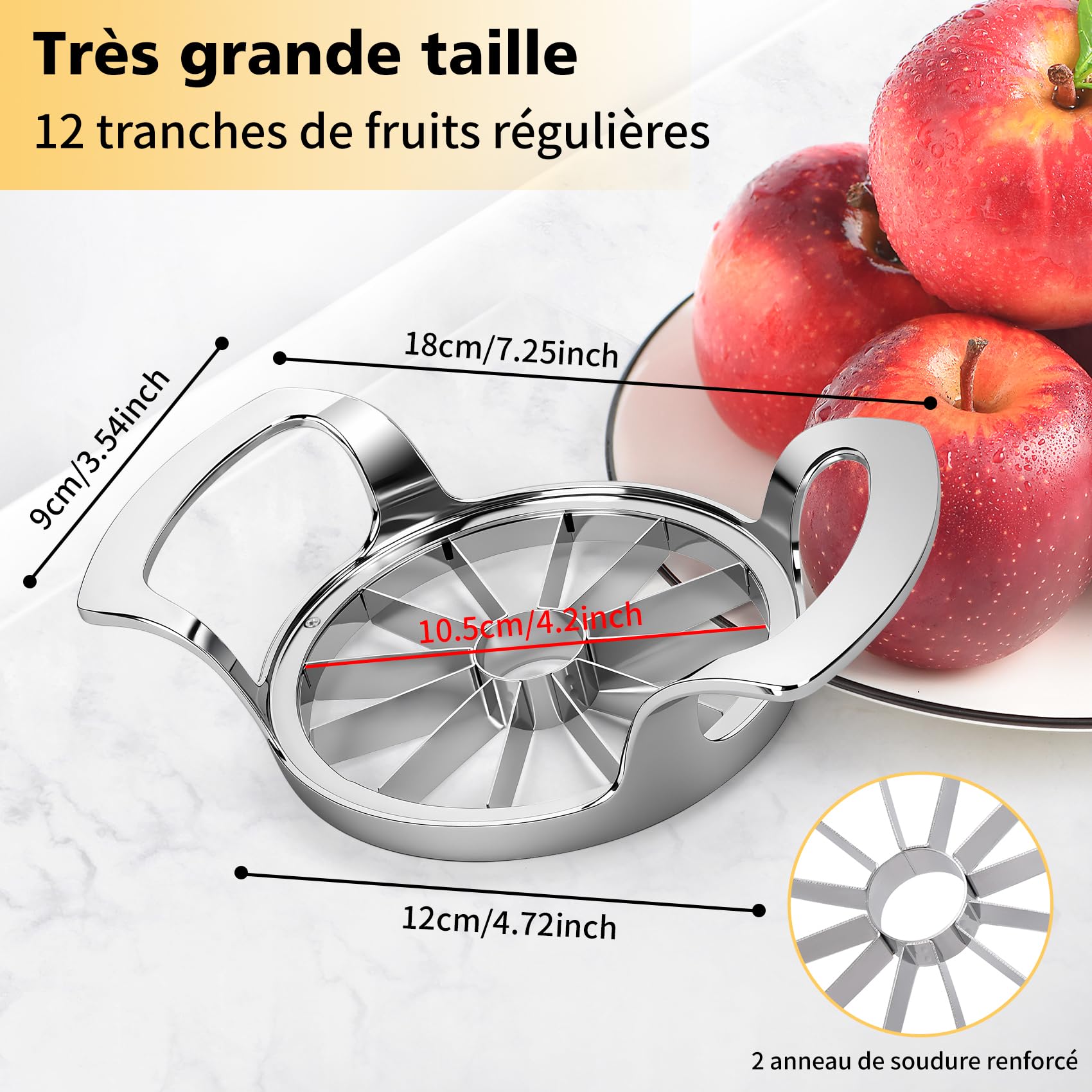 Coupe Pomme en Acier Inoxydable 12 Lames Extra-large, Trancheuse de Pomme Robuste