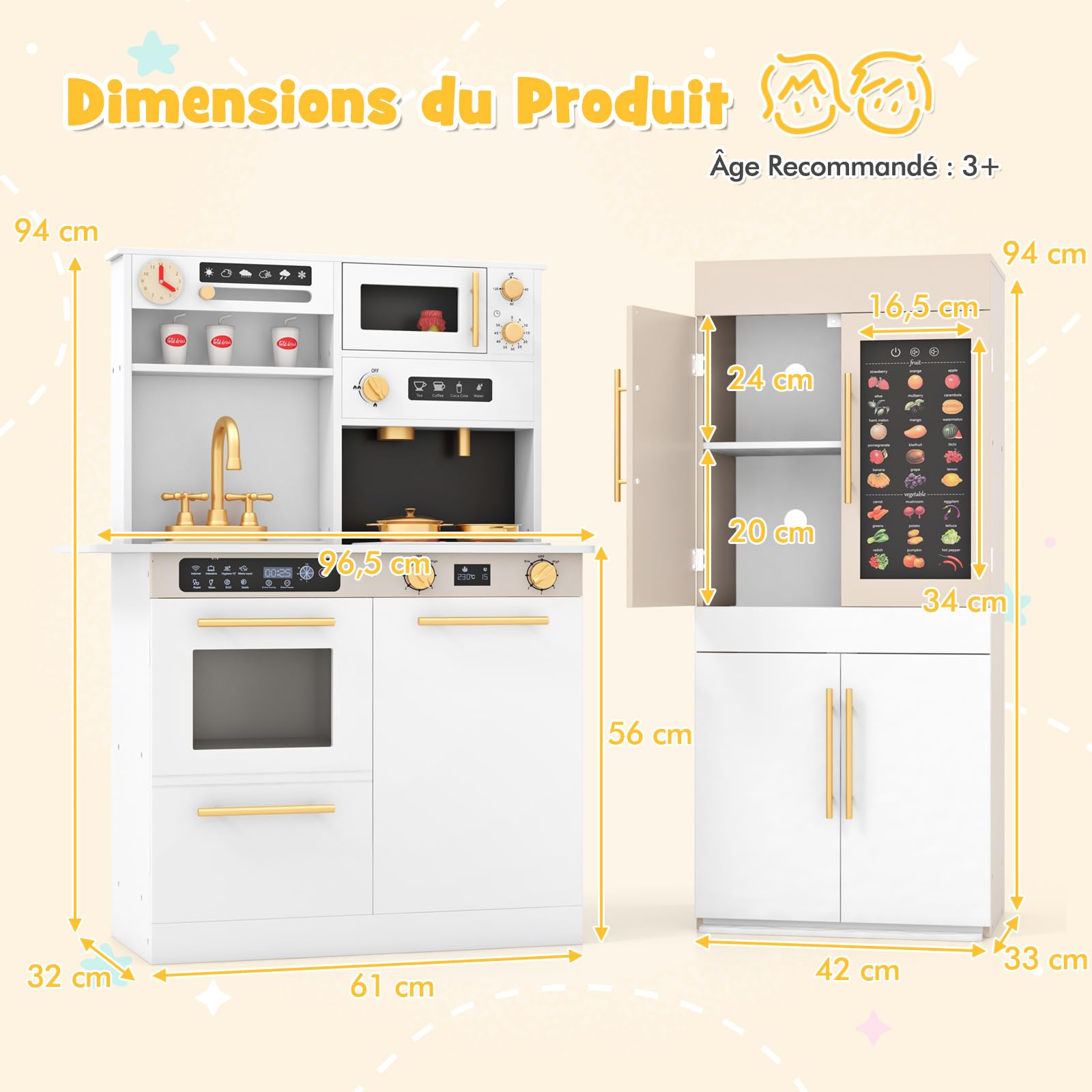 COSTWAY Cuisine Enfant avec Réfrigérateur, Tableau Mural Parlant Éducatif, Cuisine en Bois Enfant avec Lumières et Sons, Cuisinière, Cafetière, Micro-Ondes, Horloge, pour Garçons Filles 3+ Ans