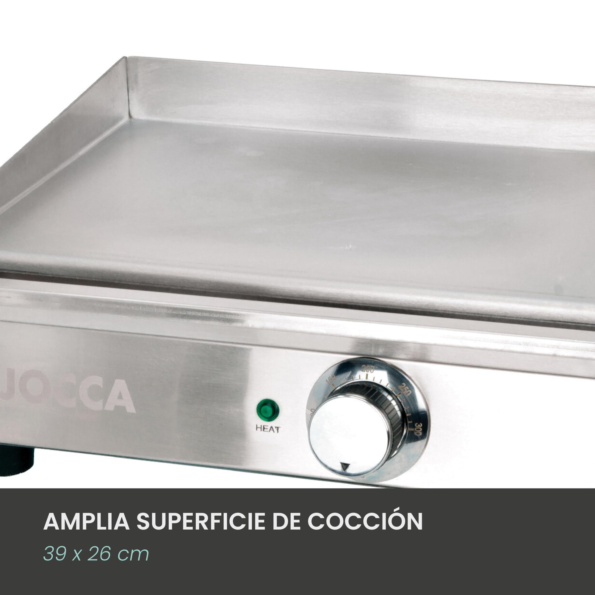 Jocca - Plancha eléctrica Teppanyaki profesional de acero inoxidable | 39,6 × 26 cm | Control térmico hasta 300 °C | 8 programas | Accesorios incluidos | Uso doméstico y profesional