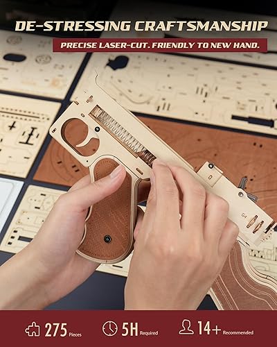 Miniatura 3 de ROKR Rompecabezas de madera 3D para adultos, 275 piezas, ametralladora, bandas de goma, juguete de bricolaje, kits de modelos de construcción,