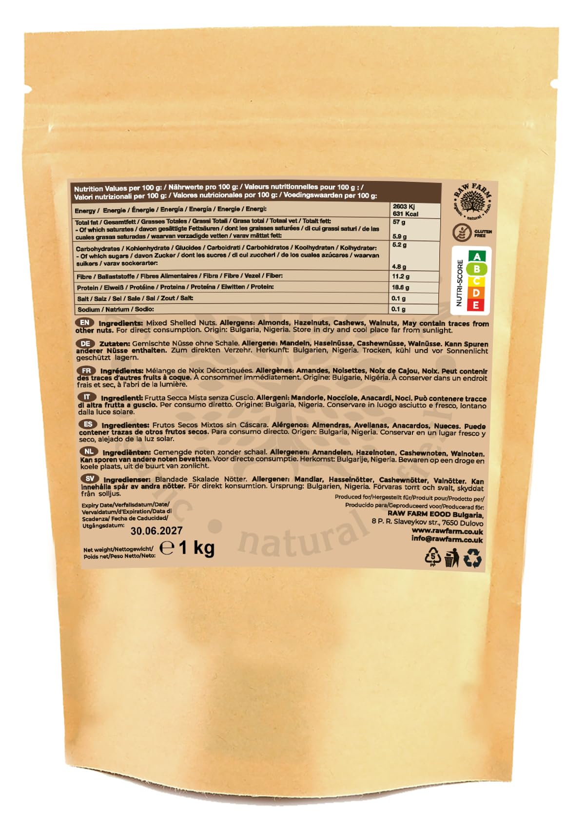 Raw Farm - Noix crues mélangées - Noisette, amande, noix de cajou, noyaux de noyer 1 kg